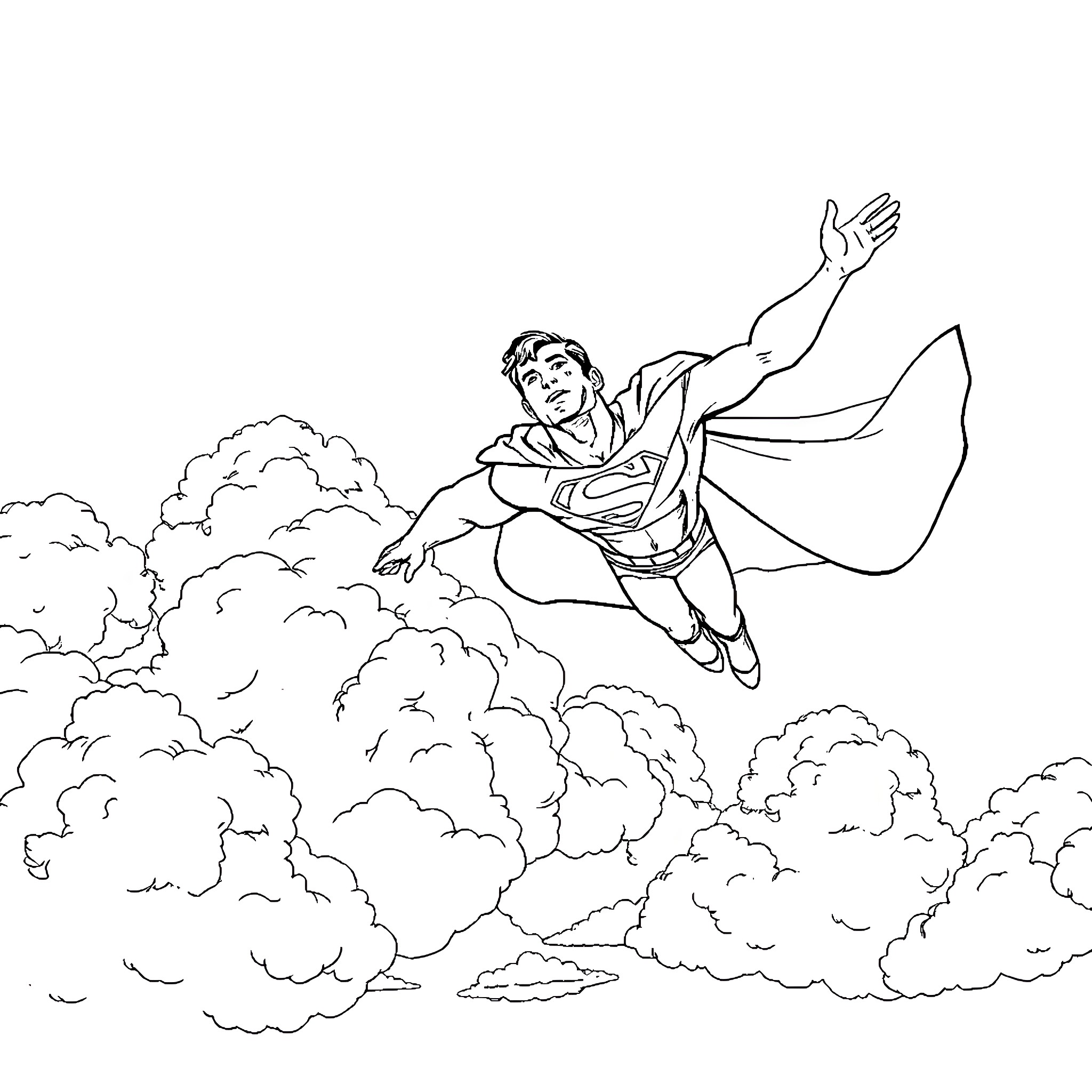 Superman flying heroically through the clouds Coloring Page (free black-and-white line drawing printable PDF for all, from beginners to advanced learners, including children, teens, adults, and seniors)