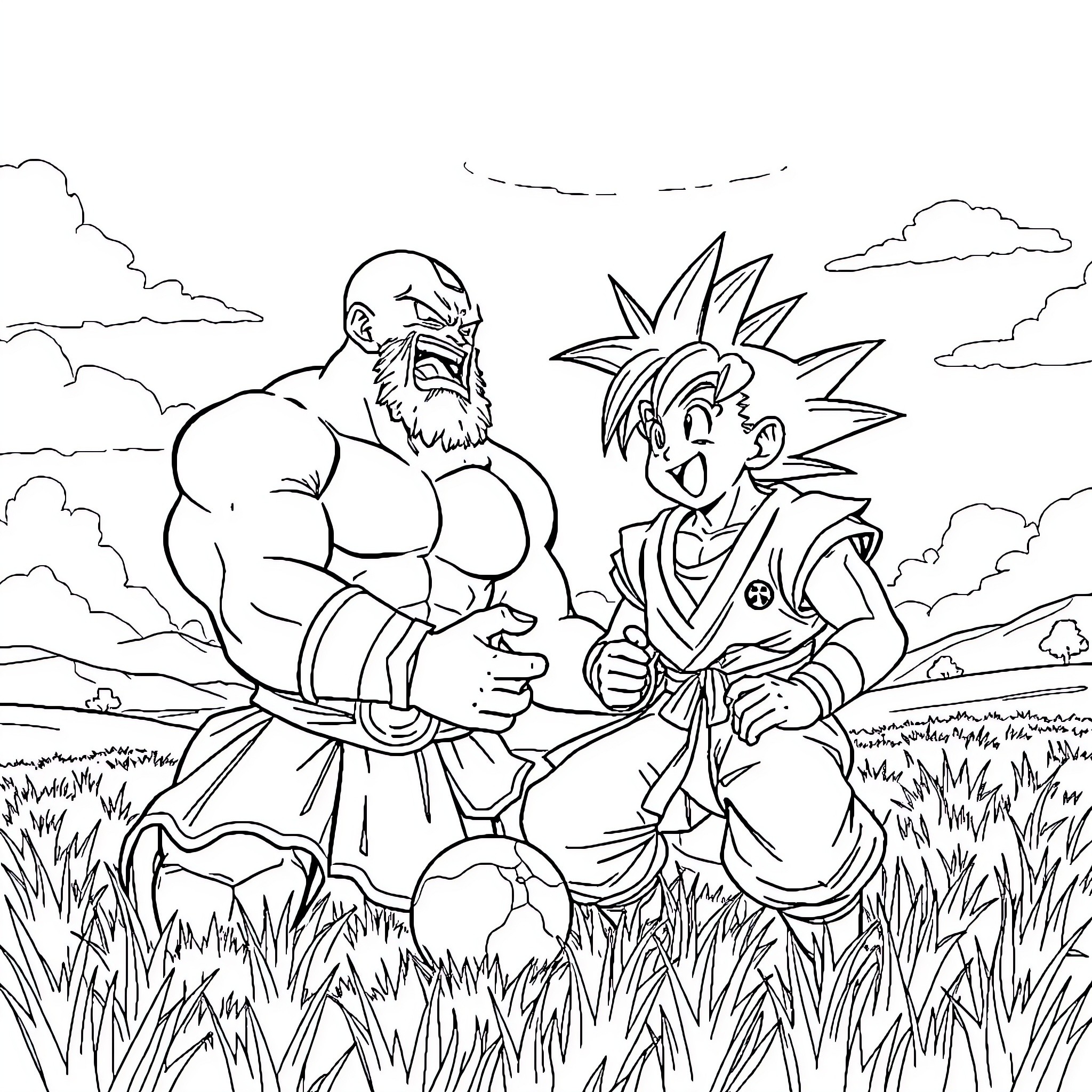Kratos and Young Warrior in a Scenic Outdoor Setting Coloring Page (free black-and-white line drawing printable PDF for all, from beginners to advanced learners, including children, teens, adults, and seniors)