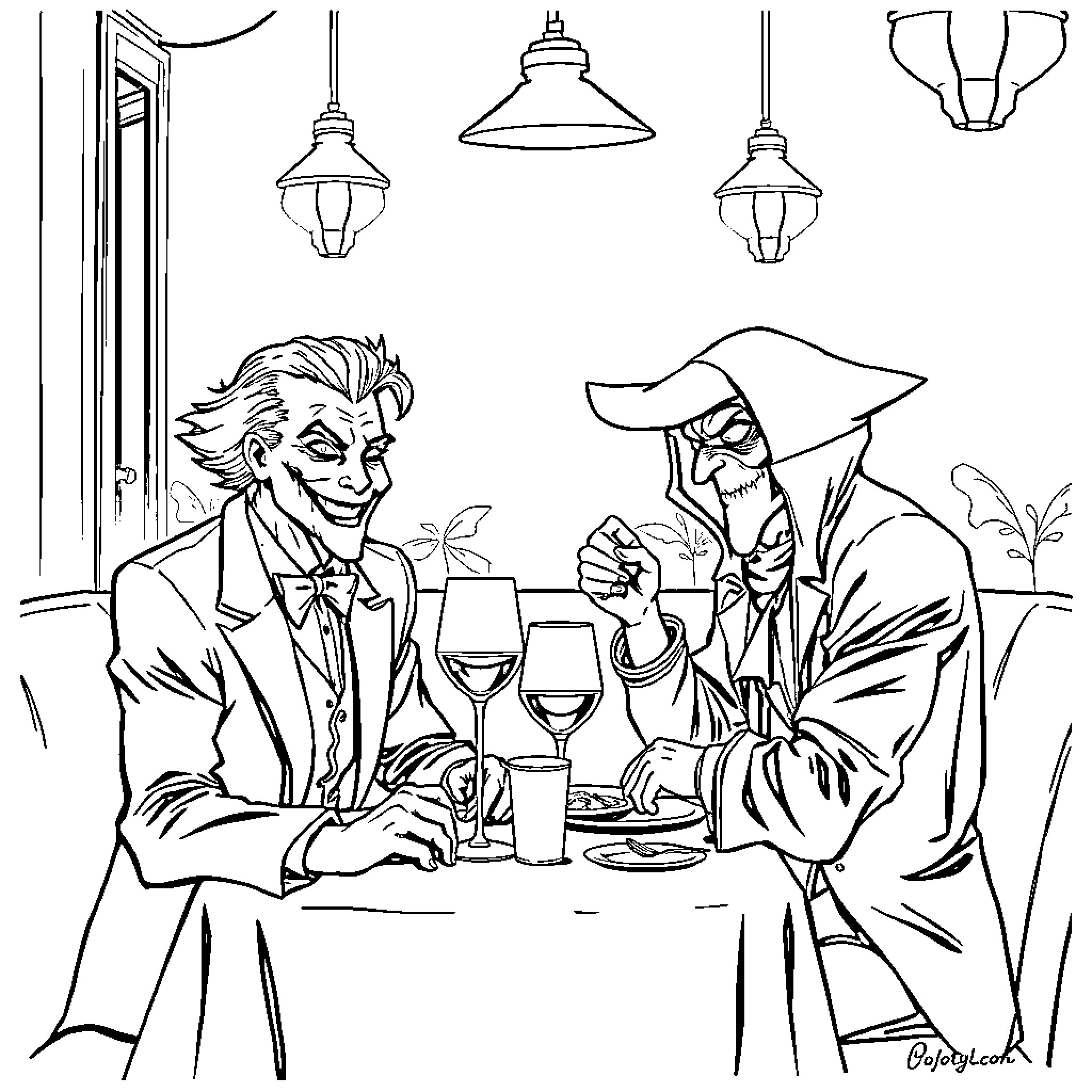 Joker dining with a mysterious companion Coloring Page (free black-and-white line drawing printable PDF for all, from beginners to advanced learners, including children, teens, adults, and seniors)