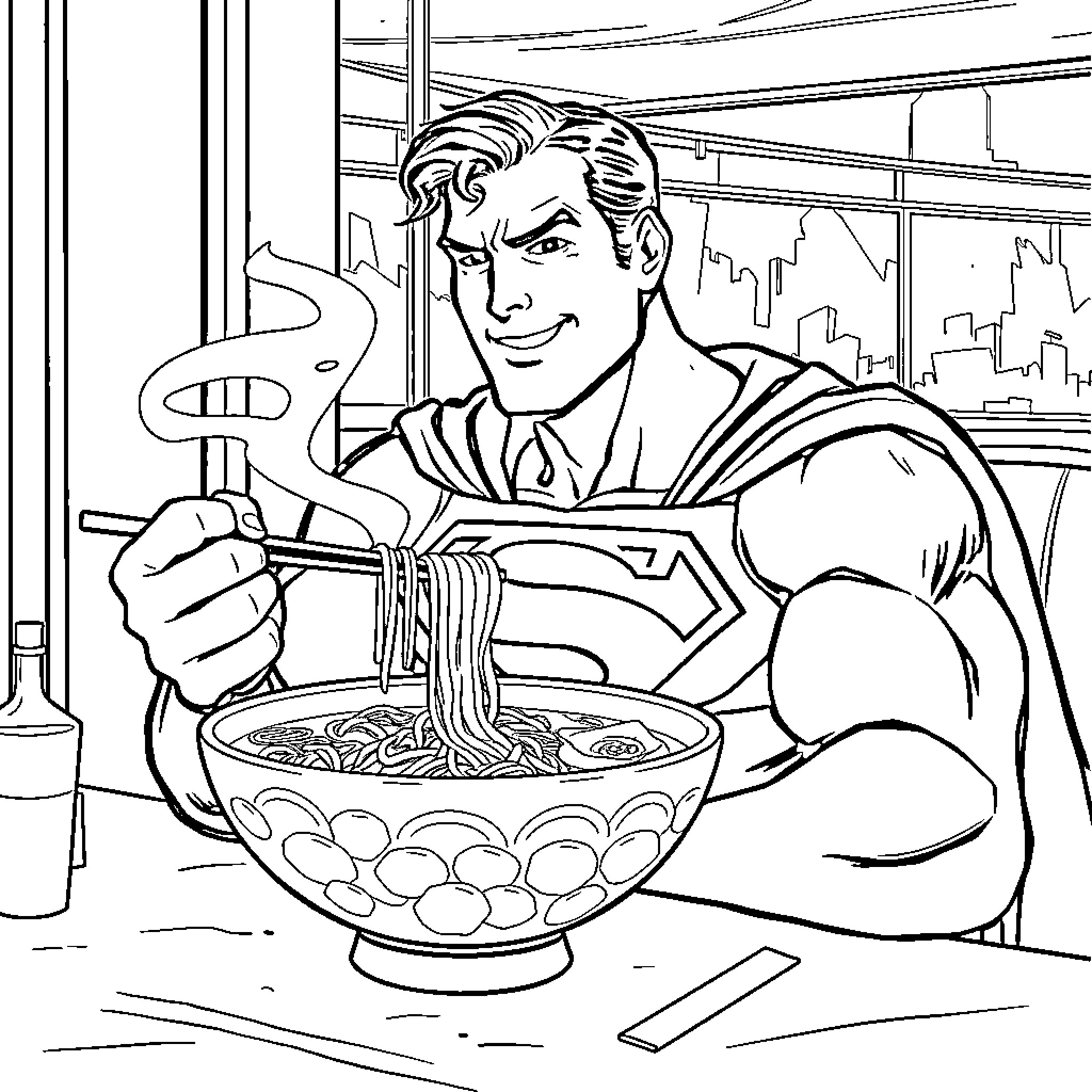 Superman Enjoying a Bowl of Noodles in the City Coloring Page (free black-and-white line drawing printable PDF for all, from beginners to advanced learners, including children, teens, adults, and seniors)
