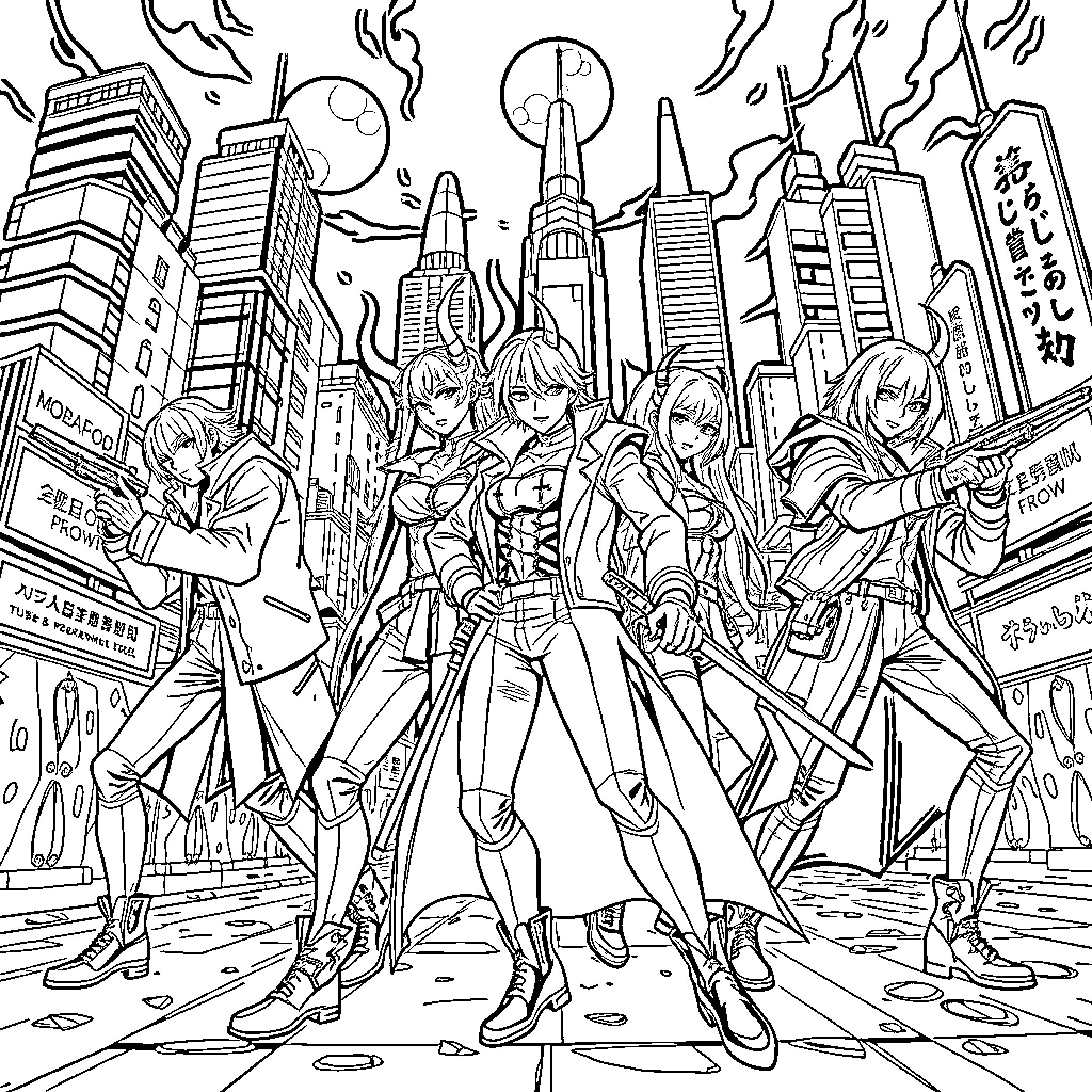 Demon Hunters in Futuristic City Combat Coloring Page (free black-and-white line drawing printable PDF for all, from beginners to advanced learners, including children, teens, adults, and seniors)