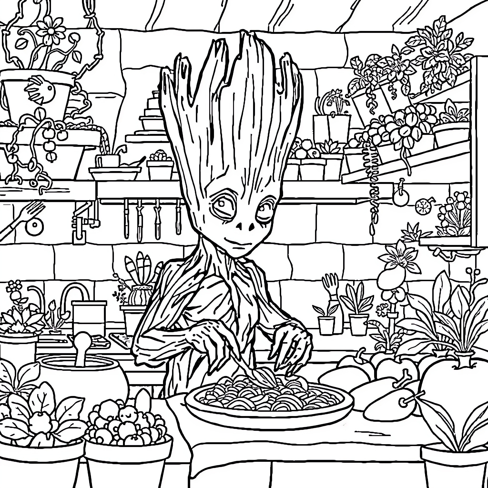 Groot caring for a colorful garden Coloring Page (free black-and-white line drawing printable PDF for all, from beginners to advanced learners, including children, teens, adults, and seniors)