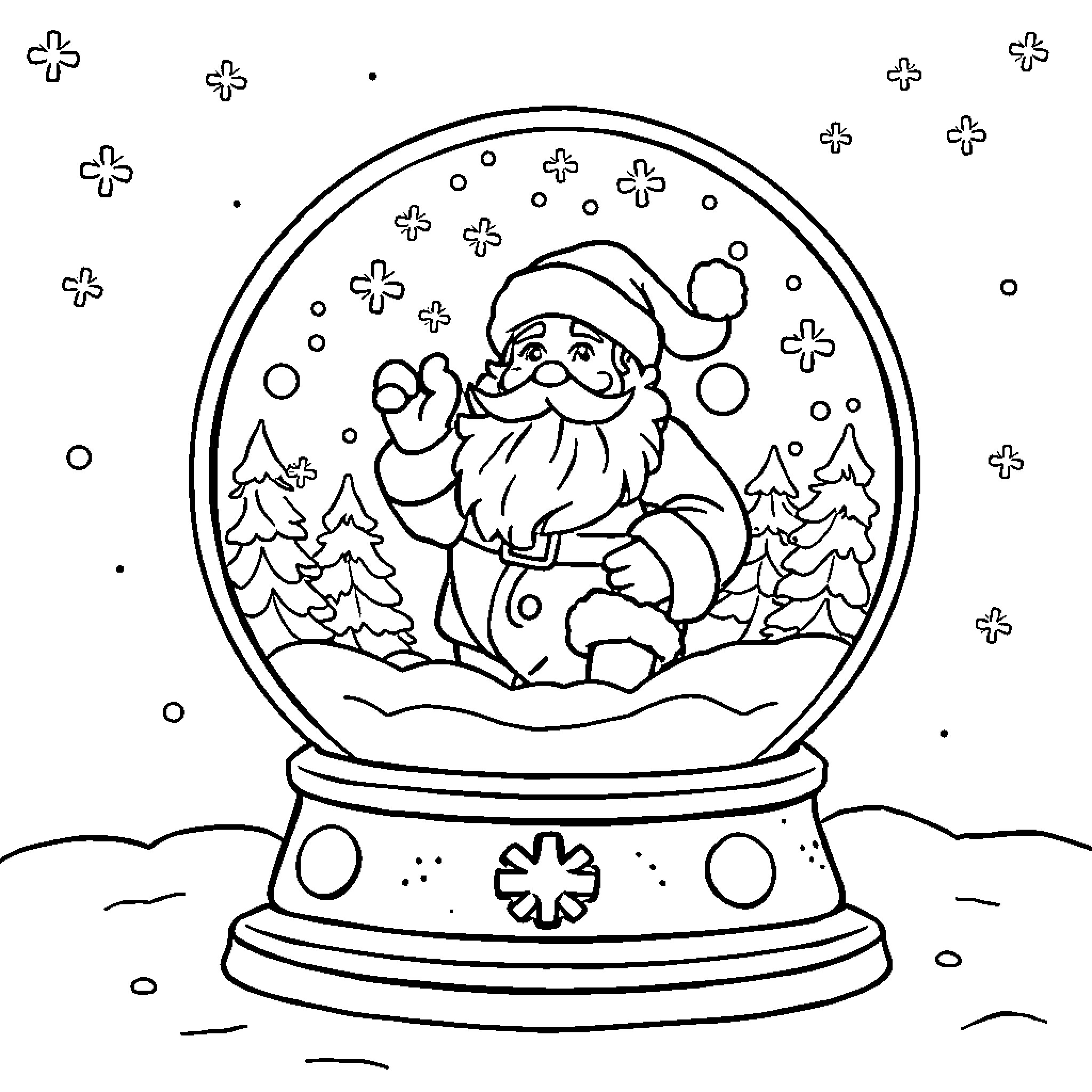 Santa waving cheerfully in a snow globe Coloring Page (free black-and-white line drawing printable PDF for all, from beginners to advanced learners, including children, teens, adults, and seniors)