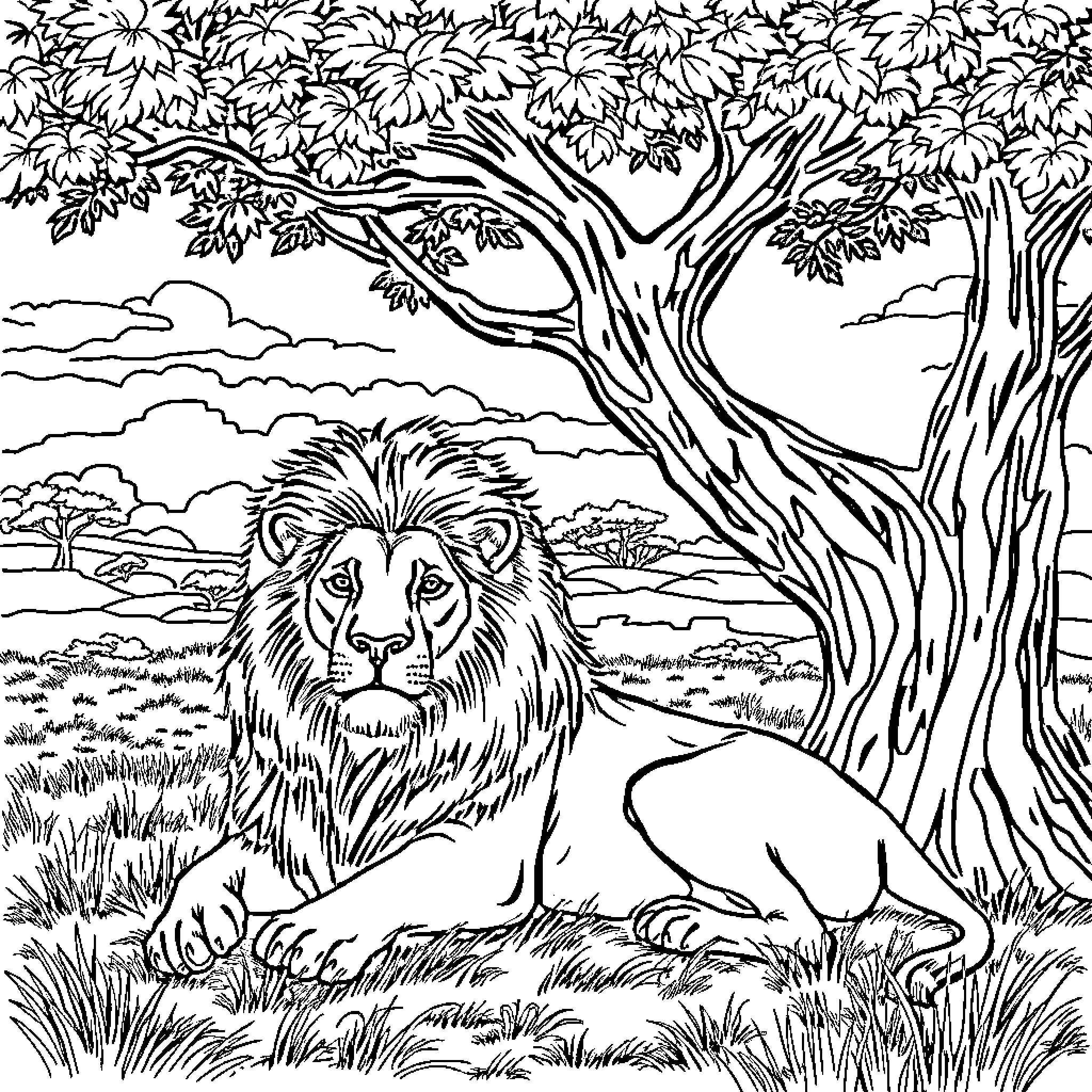 Lion relaxing in the savanna landscape Coloring Page (free black-and-white line drawing printable PDF for all, from beginners to advanced learners, including children, teens, adults, and seniors)