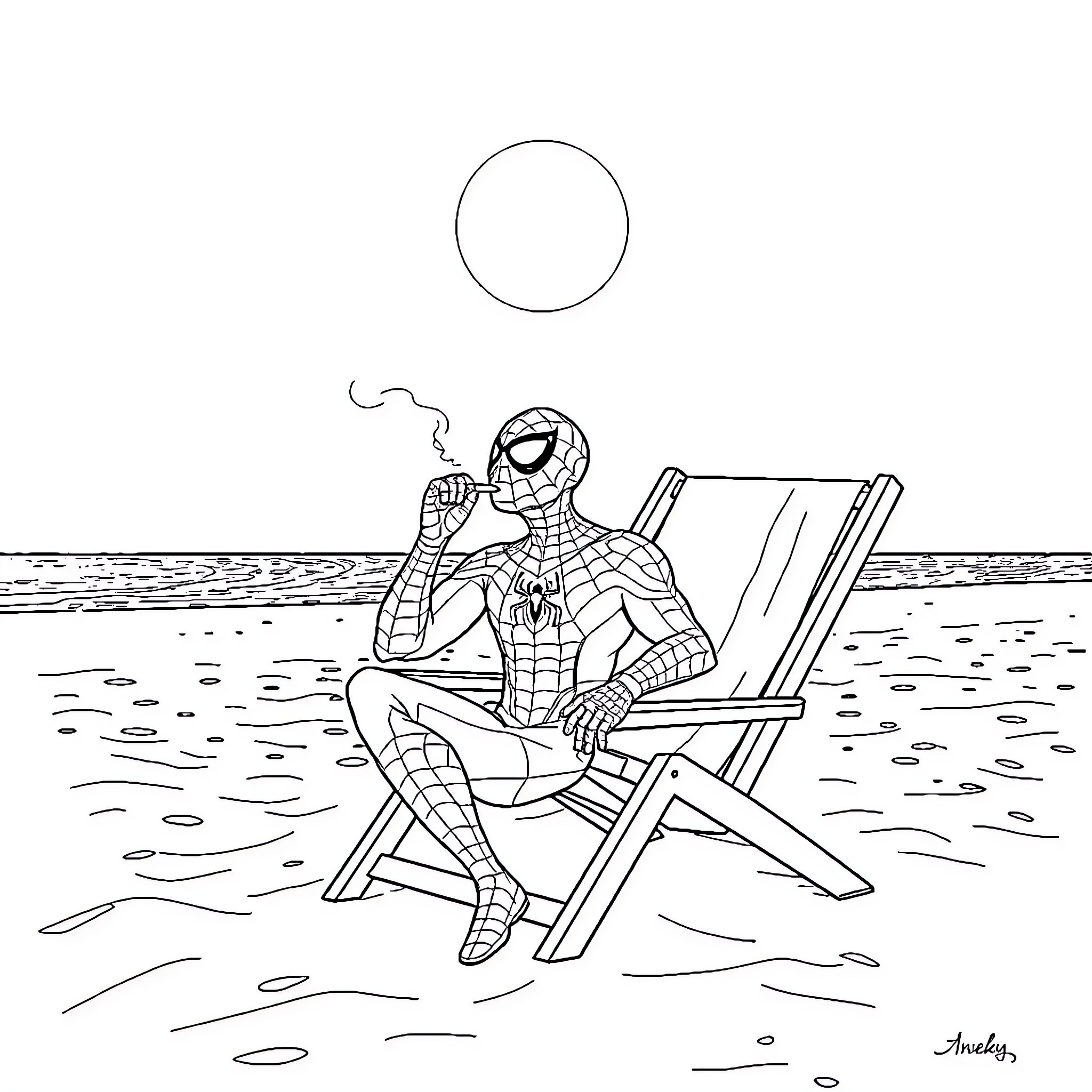 Spider-Man relaxing on the beach Coloring Page (free black-and-white line drawing printable PDF for all, from beginners to advanced learners, including children, teens, adults, and seniors)