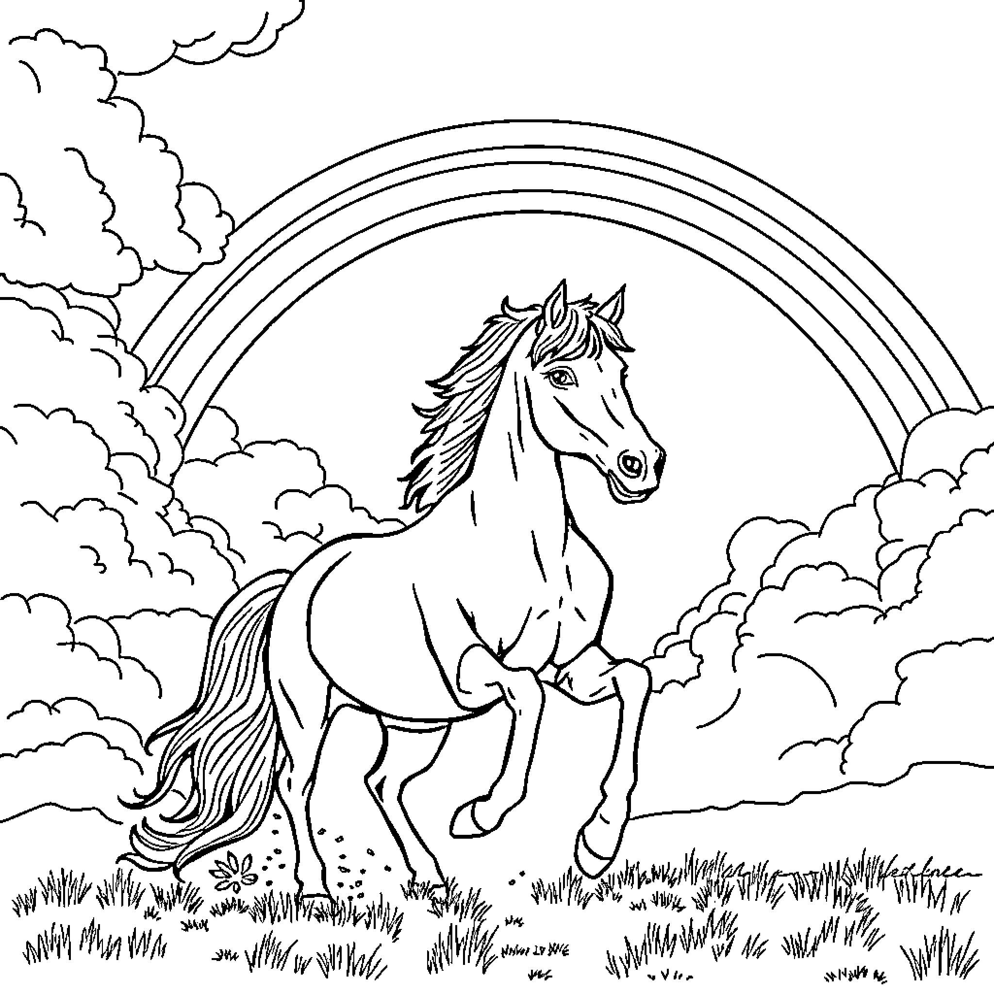 Horse running through a cloudy field with rainbow Coloring Page (free black-and-white line drawing printable PDF for all, from beginners to advanced learners, including children, teens, adults, and seniors)