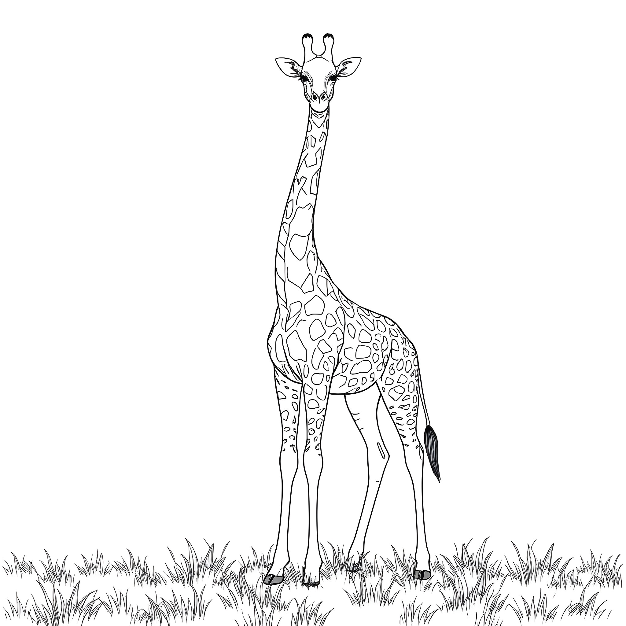Giraffe standing tall in the grasslands Coloring Page (free black-and-white line drawing printable PDF for all, from beginners to advanced learners, including children, teens, adults, and seniors)