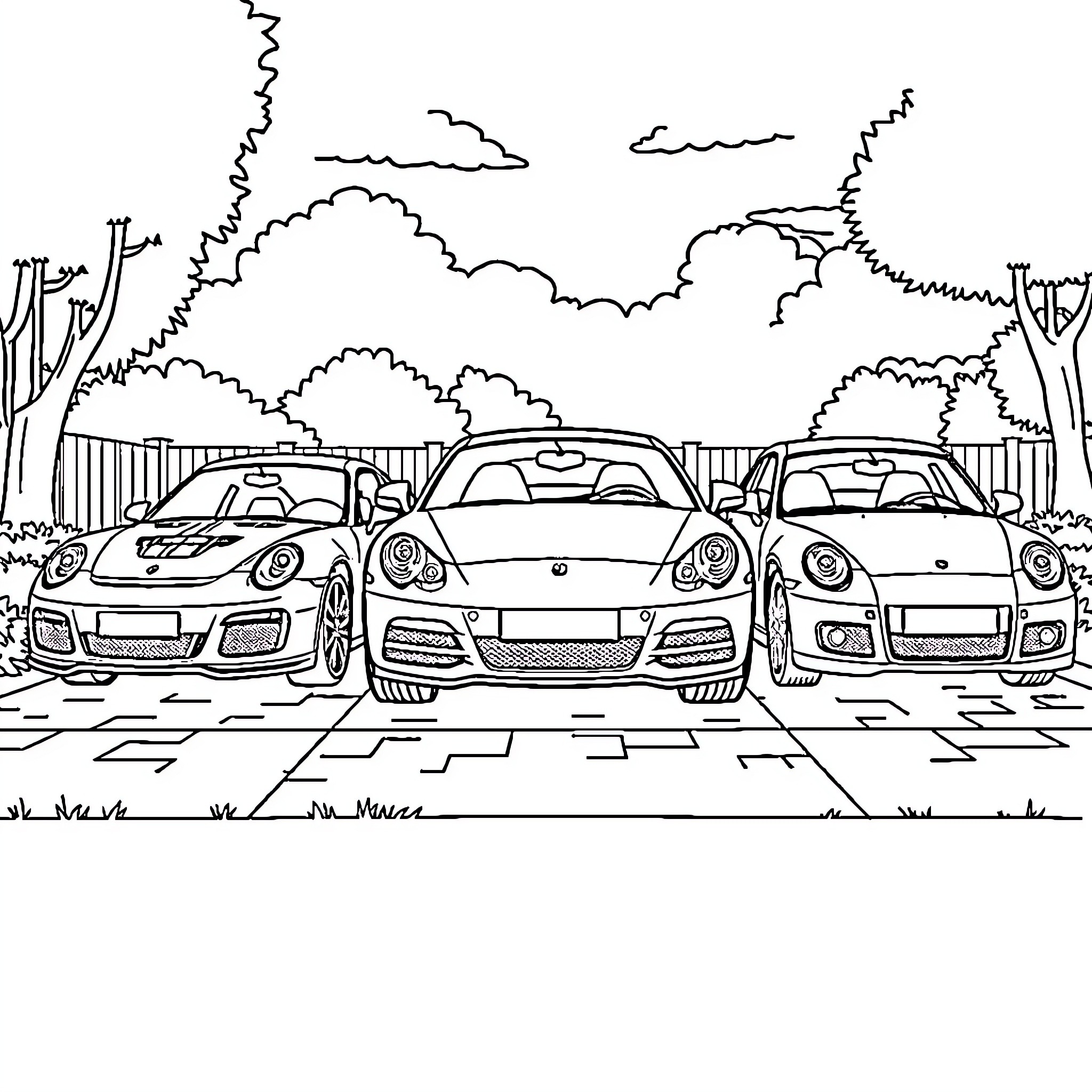 Car Enthusiasts Gather for a Sunny Day Coloring Page (free black-and-white line drawing printable PDF for all, from beginners to advanced learners, including children, teens, adults, and seniors)