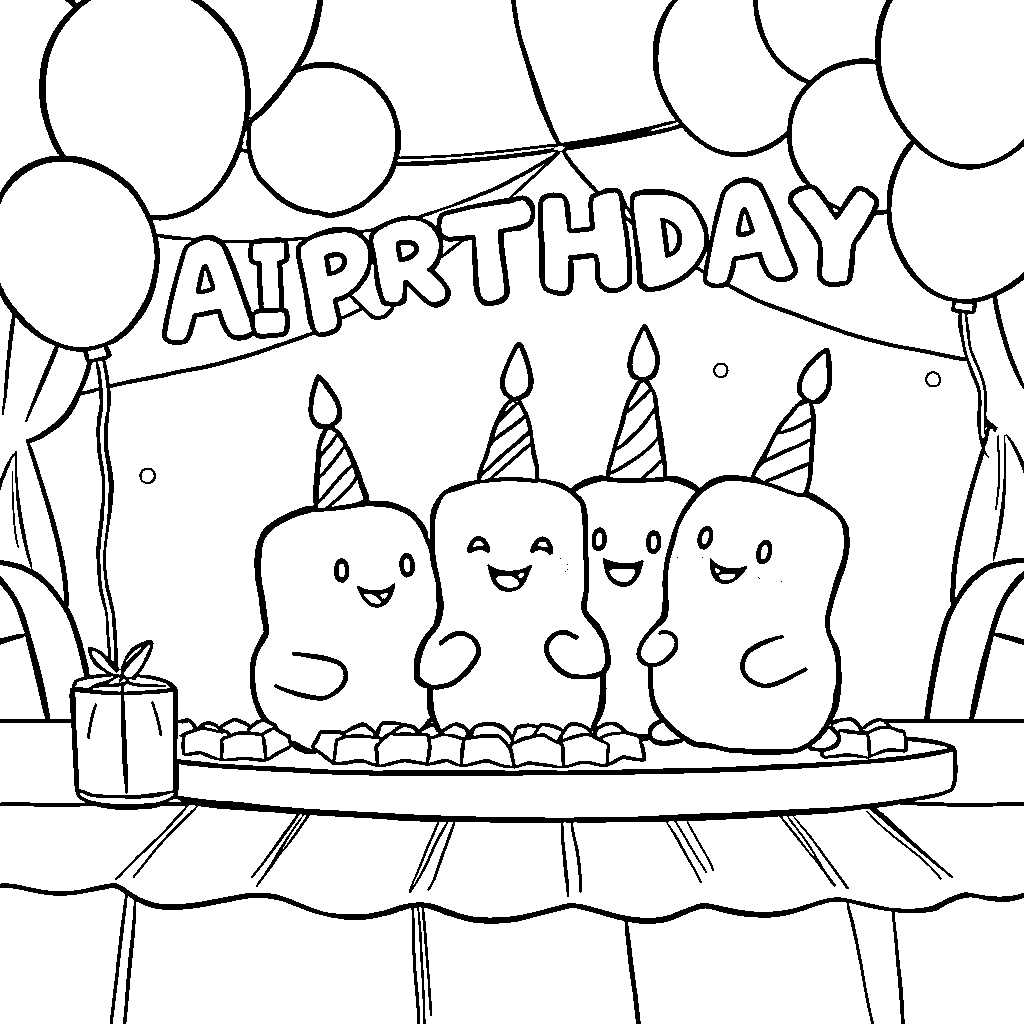 Squishmallow birthday party with happy characters Coloring Page (free black-and-white line drawing printable PDF for all, from beginners to advanced learners, including children, teens, adults, and seniors)