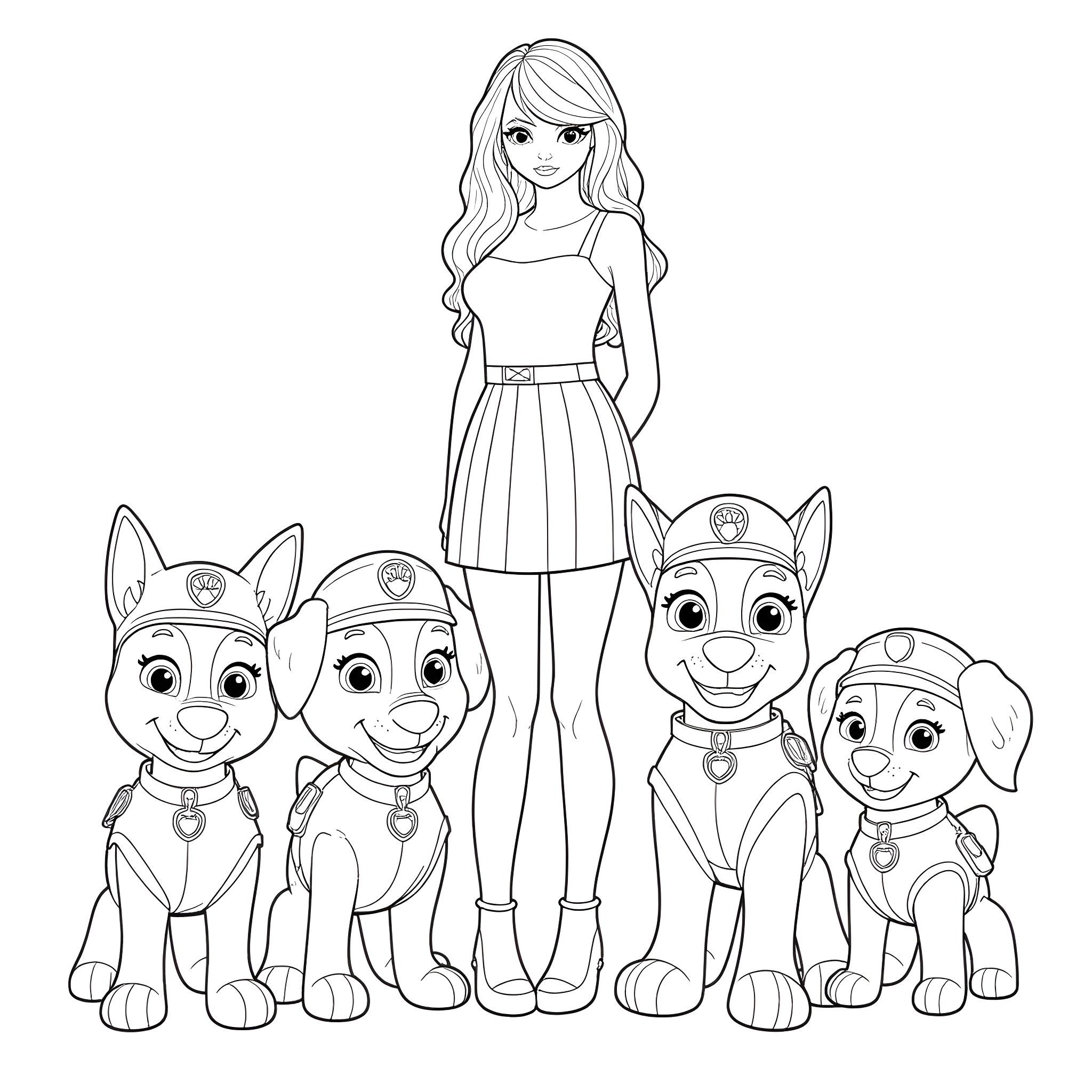 Taylor Swift posing with the Paw Patrol puppies Coloring Page (free black-and-white line drawing printable PDF for all, from beginners to advanced learners, including children, teens, adults, and seniors)
