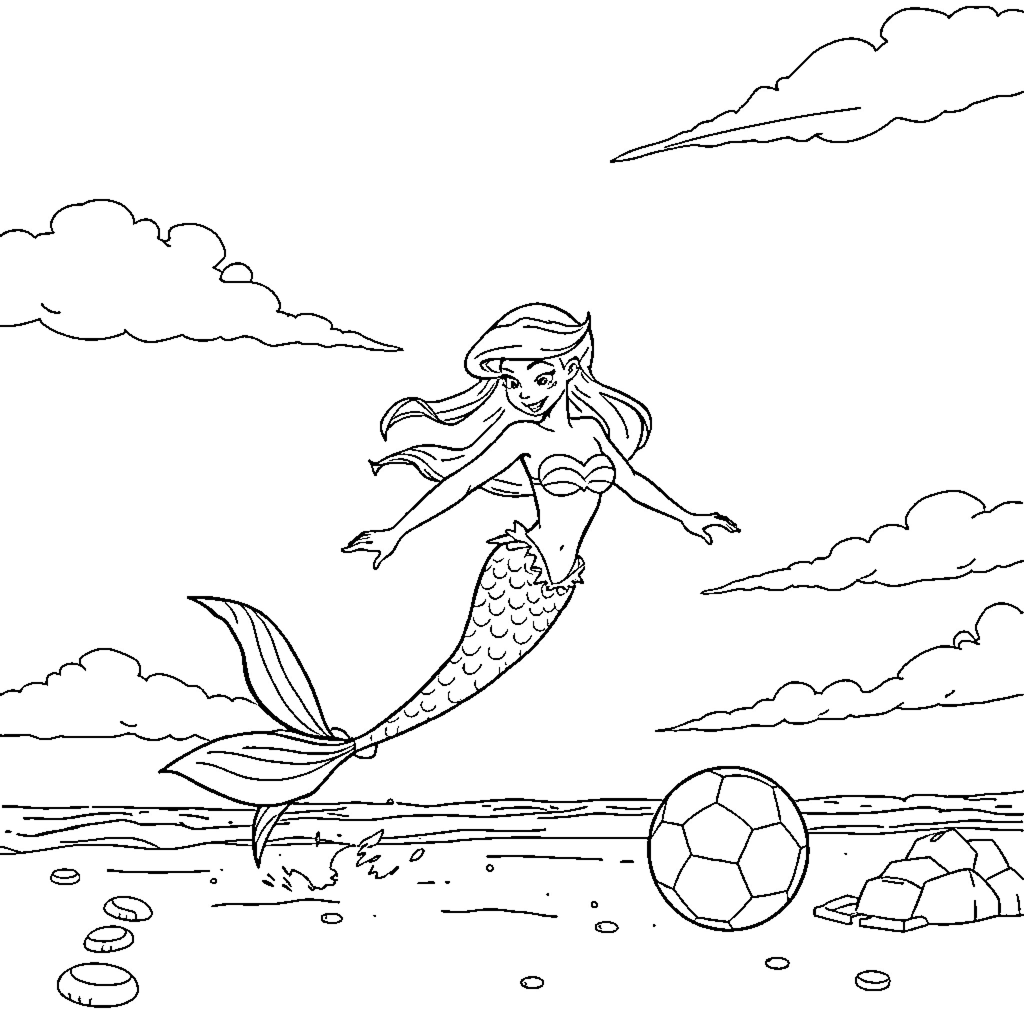 Ariel the mermaid playing with a soccer ball on the beach Coloring Page (free black-and-white line drawing printable PDF for all, from beginners to advanced learners, including children, teens, adults, and seniors)