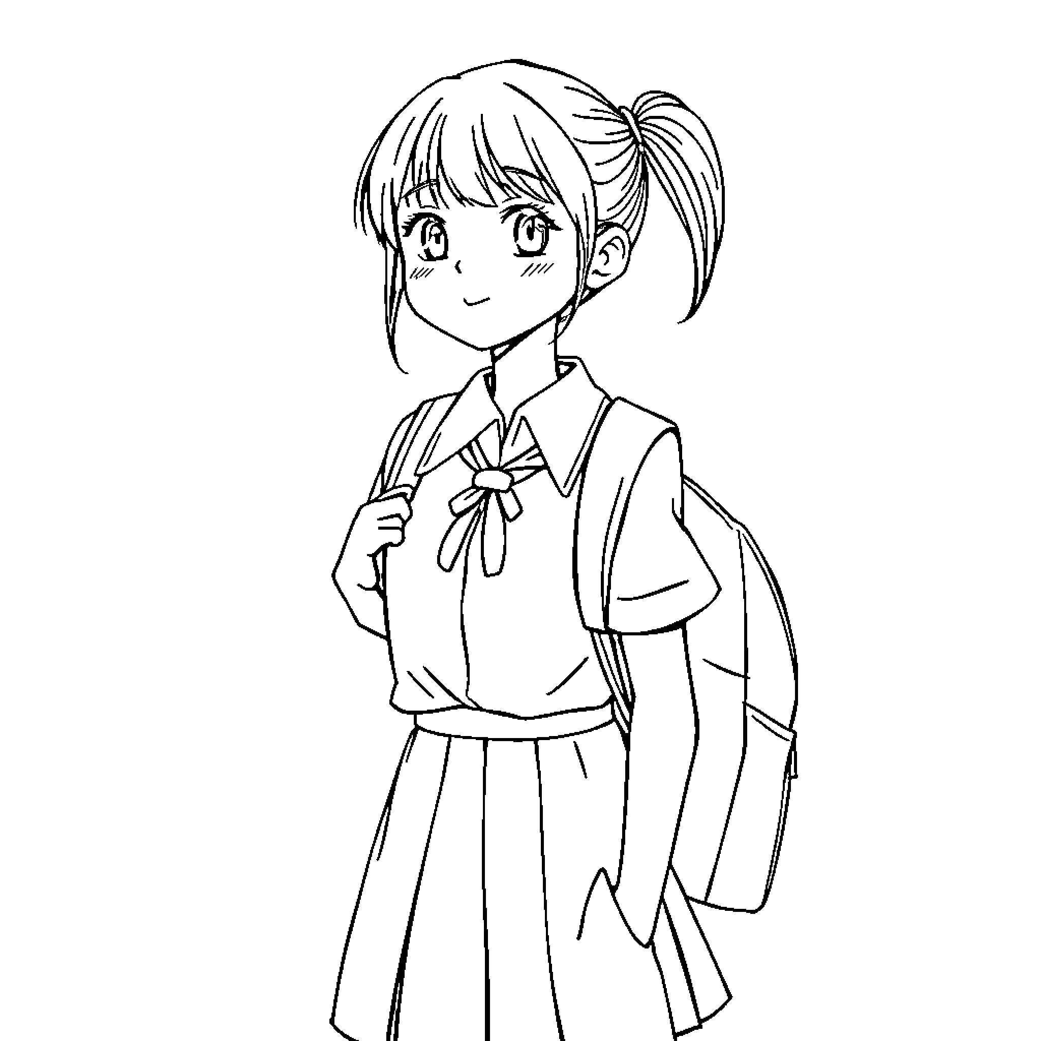 School Girl in Anime Style Uniform Coloring Page (free black-and-white line drawing printable PDF for all, from beginners to advanced learners, including children, teens, adults, and seniors)