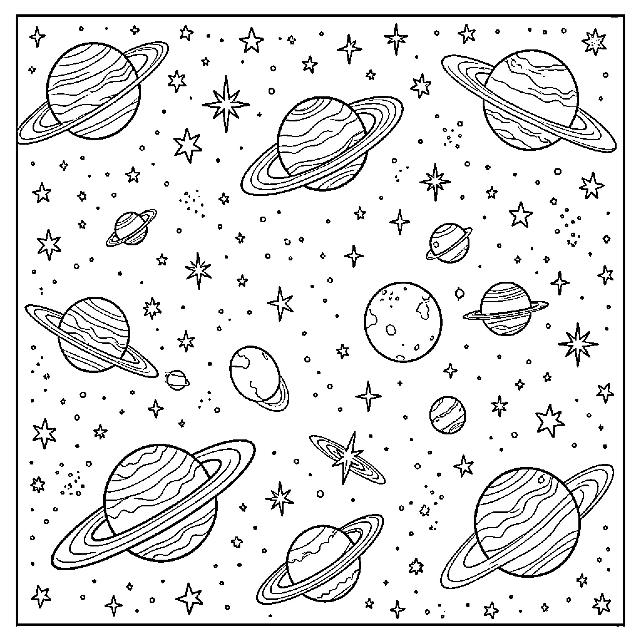 Planet Exploration in the Starry Night Sky Coloring Page (free black-and-white line drawing printable PDF for all, from beginners to advanced learners, including children, teens, adults, and seniors)