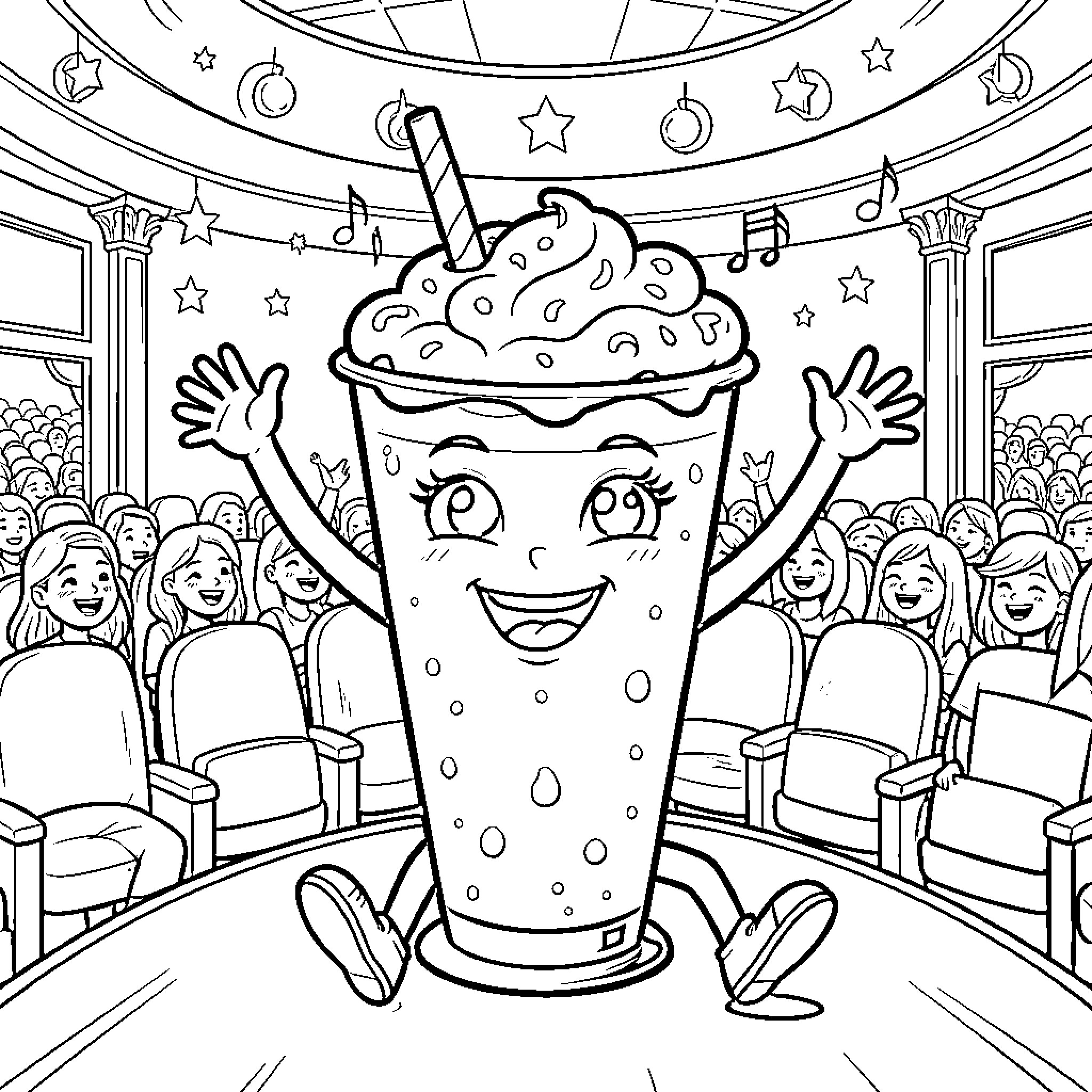 Batido character celebrating joyfully on stage Coloring Page (free black-and-white line drawing printable PDF for all, from beginners to advanced learners, including children, teens, adults, and seniors)