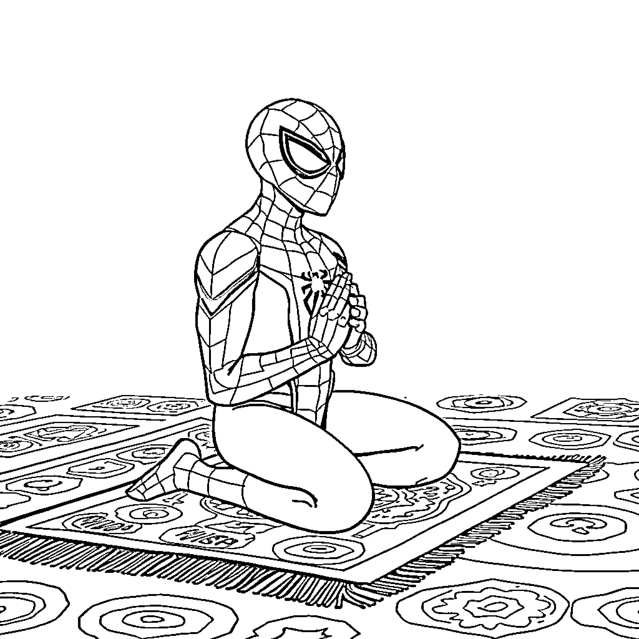 Spider-Man exploring a surreal landscape Coloring Page (free black-and-white line drawing printable PDF for all, from beginners to advanced learners, including children, teens, adults, and seniors)