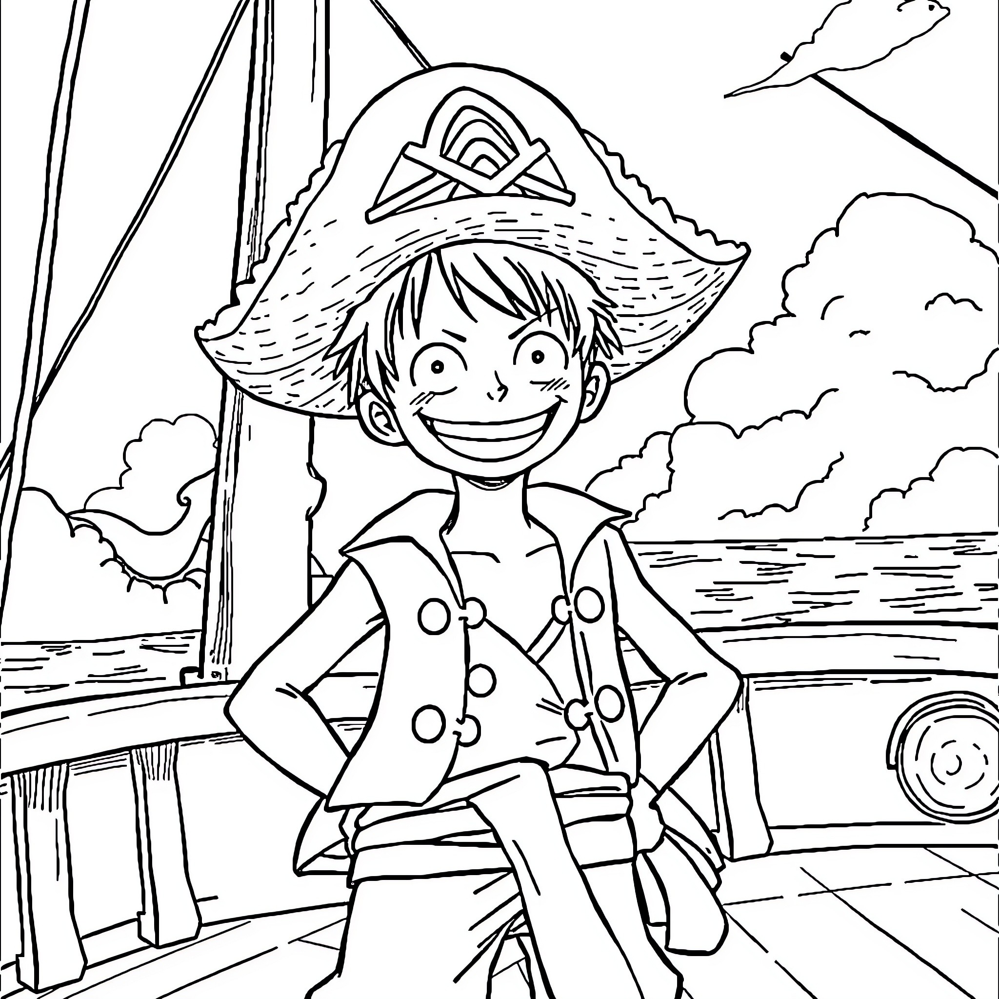 Luffy's Pirate Adventure on the High Seas Coloring Page (free black-and-white line drawing printable PDF for all, from beginners to advanced learners, including children, teens, adults, and seniors)