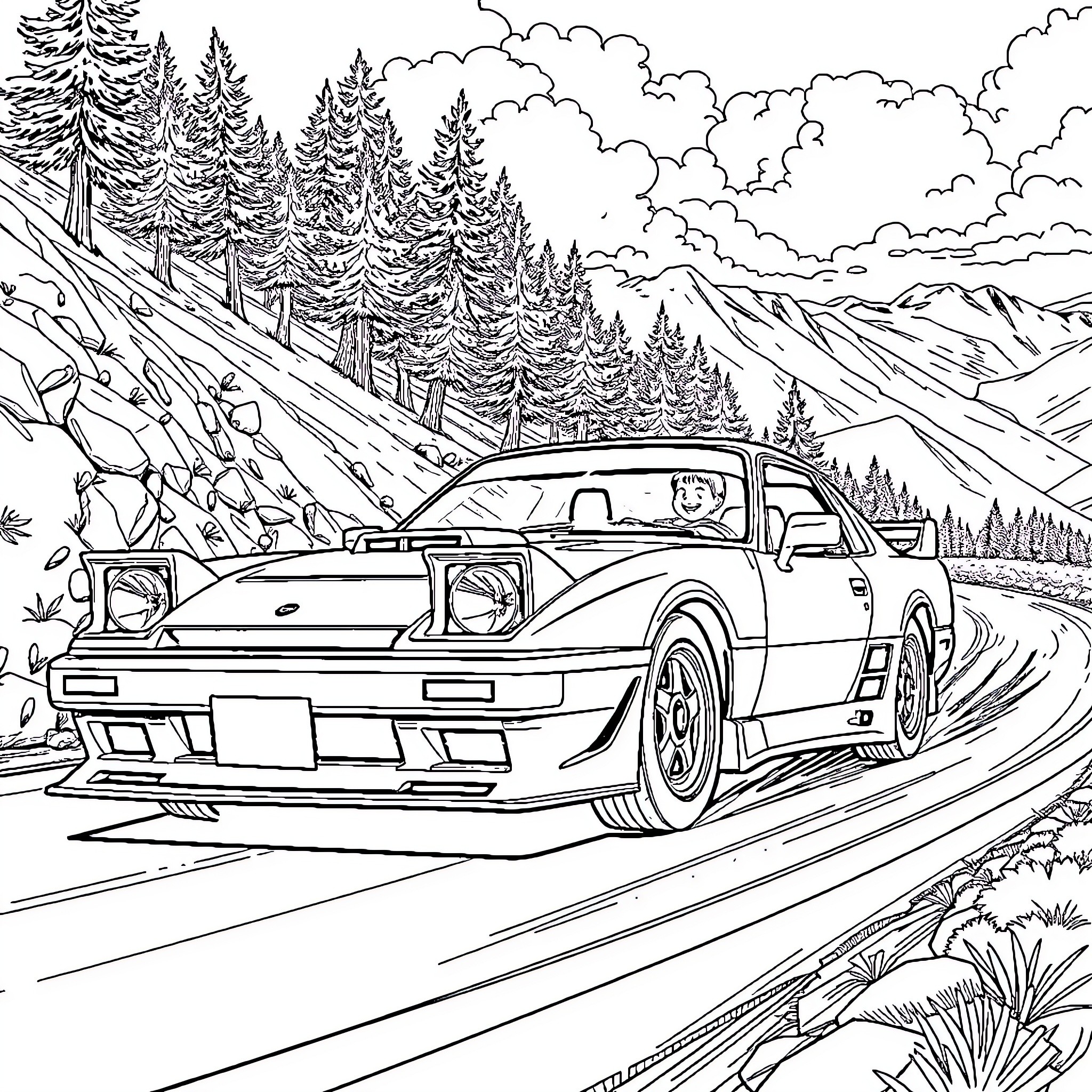Bunta Fujiwara's Iconic Race Through the Scenic Mountain Landscape Coloring Page (free black-and-white line drawing printable PDF for all, from beginners to advanced learners, including children, teens, adults, and seniors)