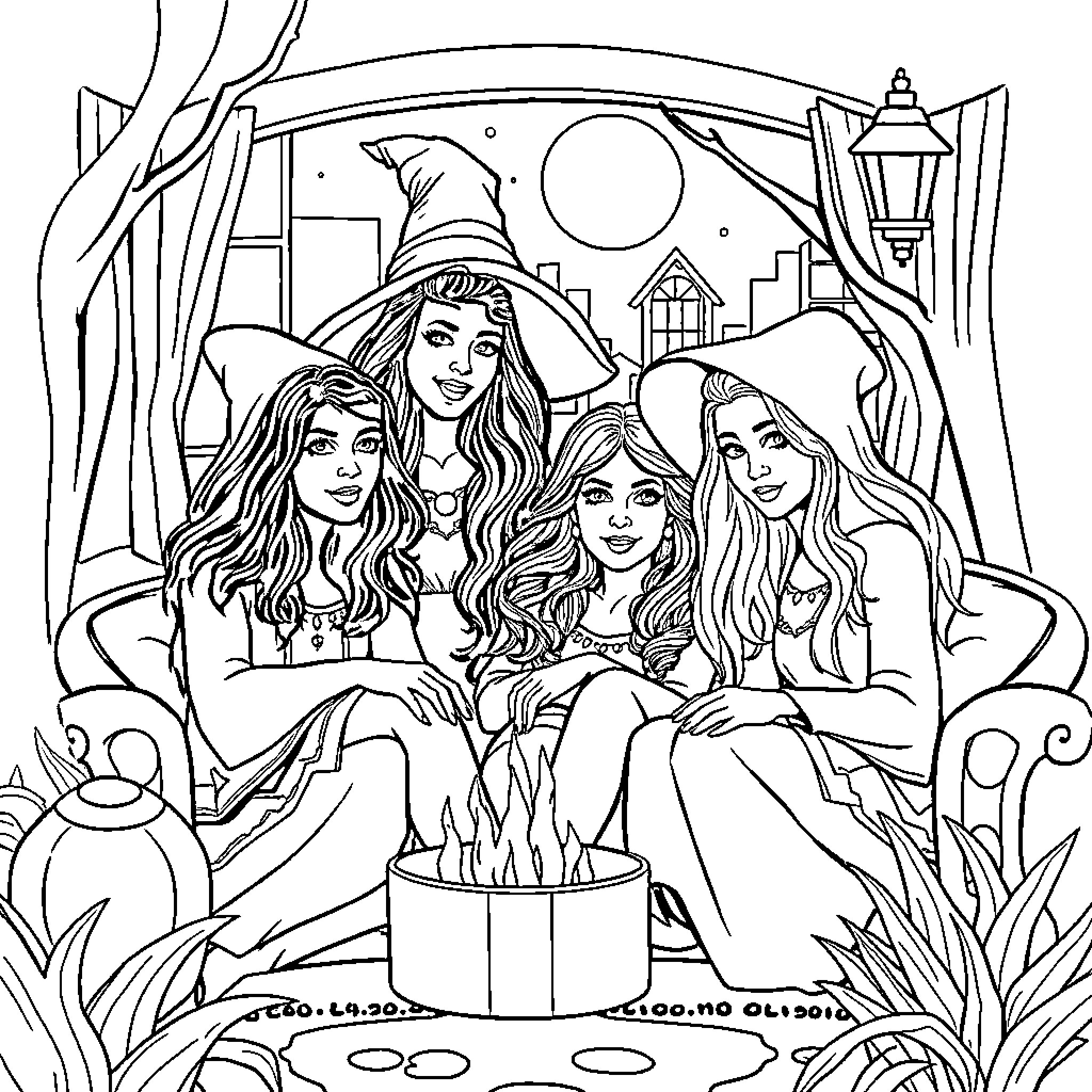 Charmed Quartet - Magical Sisterhood Celebration Coloring Page (free black-and-white line drawing printable PDF for all, from beginners to advanced learners, including children, teens, adults, and seniors)