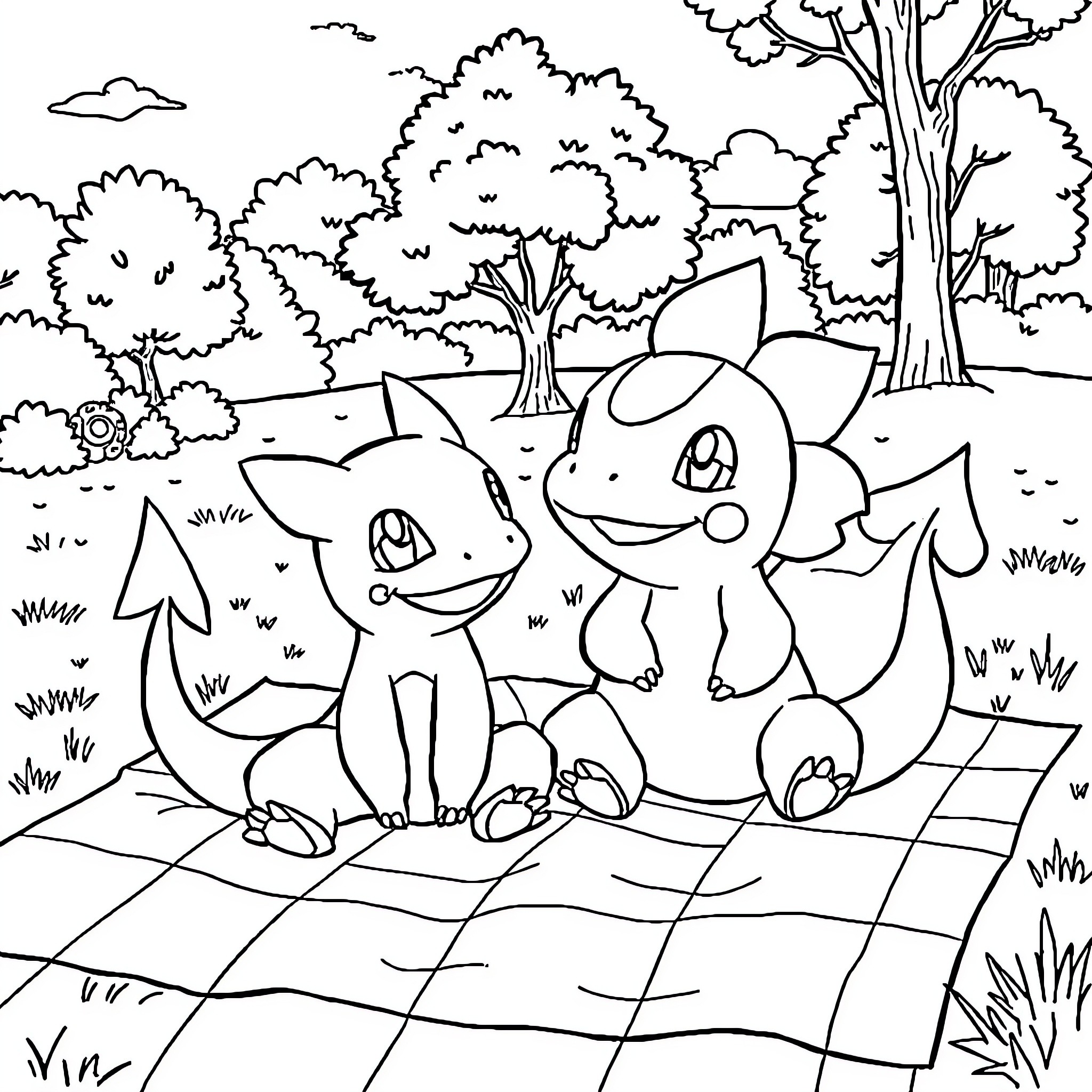 Charmander and friends exploring the enchanted forest Coloring Page (free black-and-white line drawing printable PDF for all, from beginners to advanced learners, including children, teens, adults, and seniors)