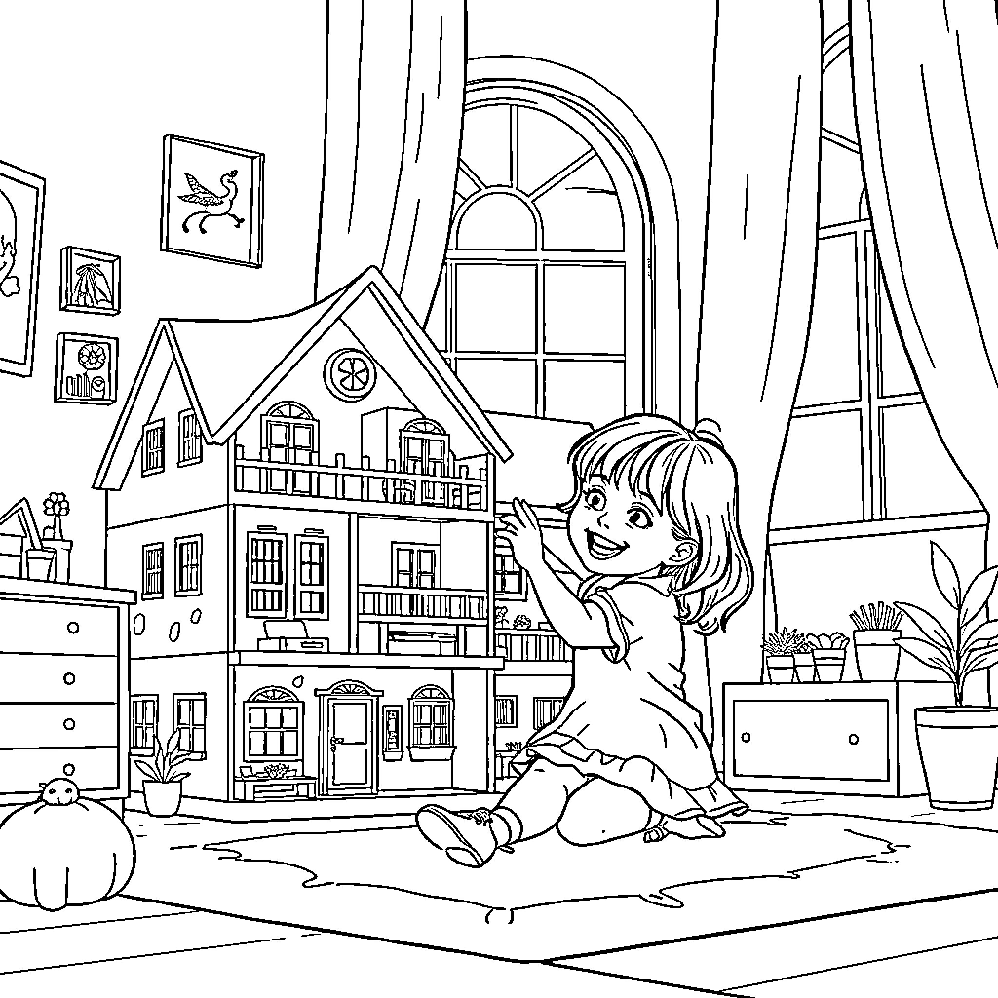 Girl playing with toy house in cozy room Coloring Page (free black-and-white line drawing printable PDF for all, from beginners to advanced learners, including children, teens, adults, and seniors)
