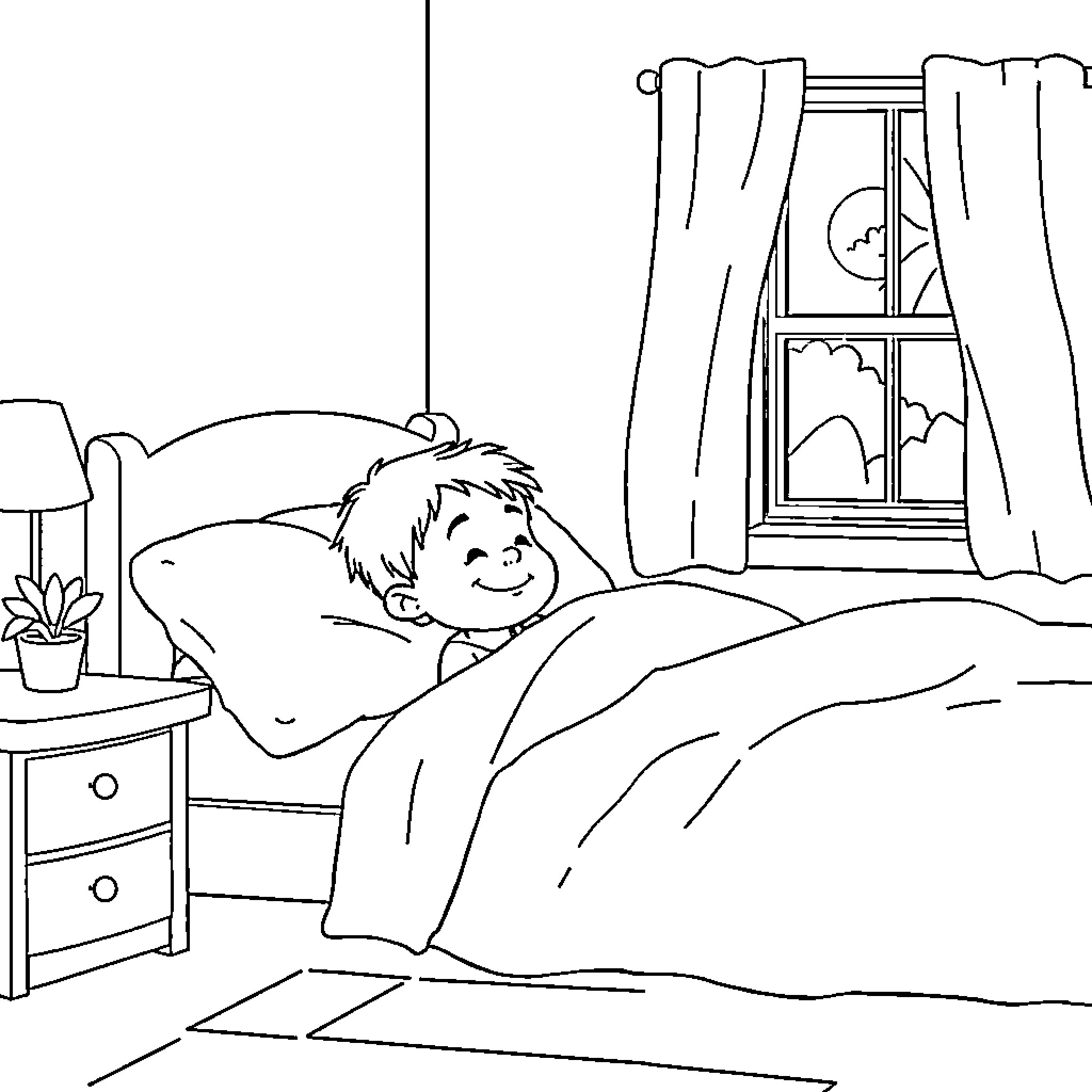 Boy sleeping peacefully in his room Coloring Page (free black-and-white line drawing printable PDF for all, from beginners to advanced learners, including children, teens, adults, and seniors)
