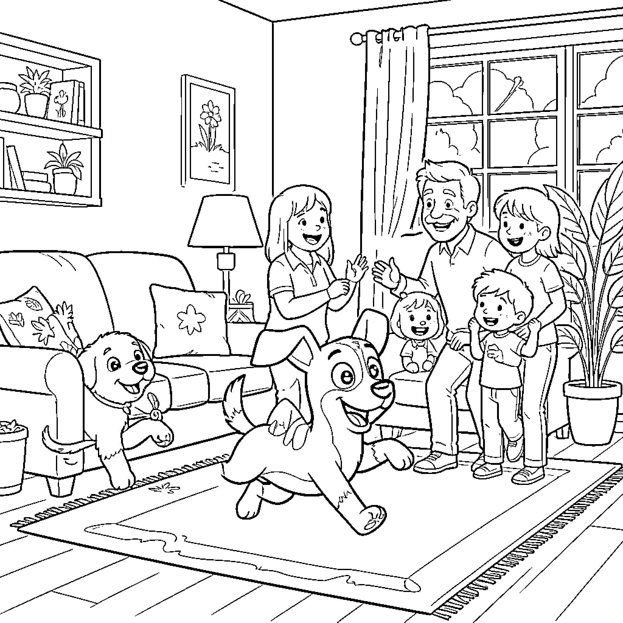Bluey and family playing joyfully in the living room Coloring Page (free black-and-white line drawing printable PDF for all, from beginners to advanced learners, including children, teens, adults, and seniors)