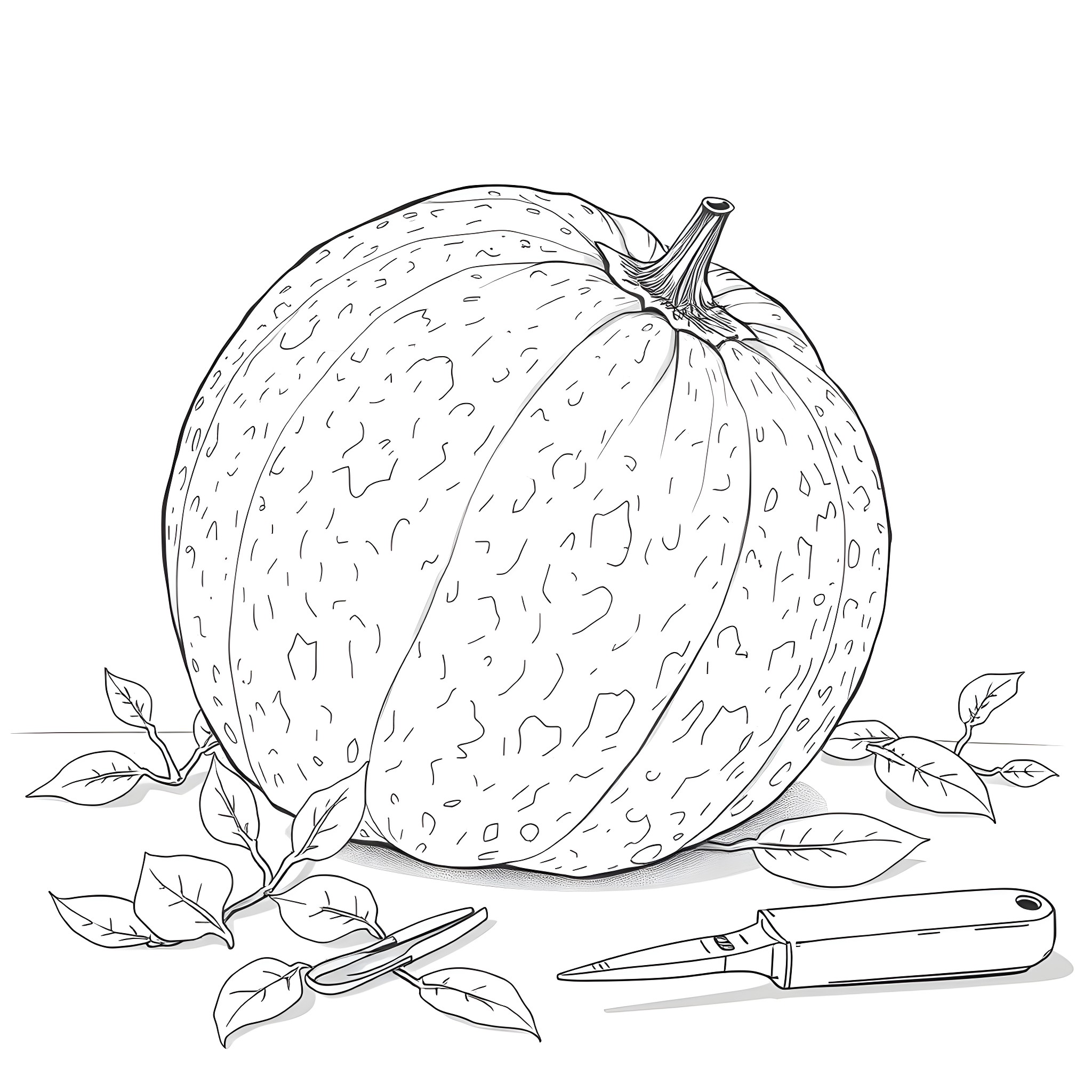 Praecitrullus Fistulosus - Pumpkin with leaves and knife Coloring Page (free black-and-white line drawing printable PDF for all, from beginners to advanced learners, including children, teens, adults, and seniors)