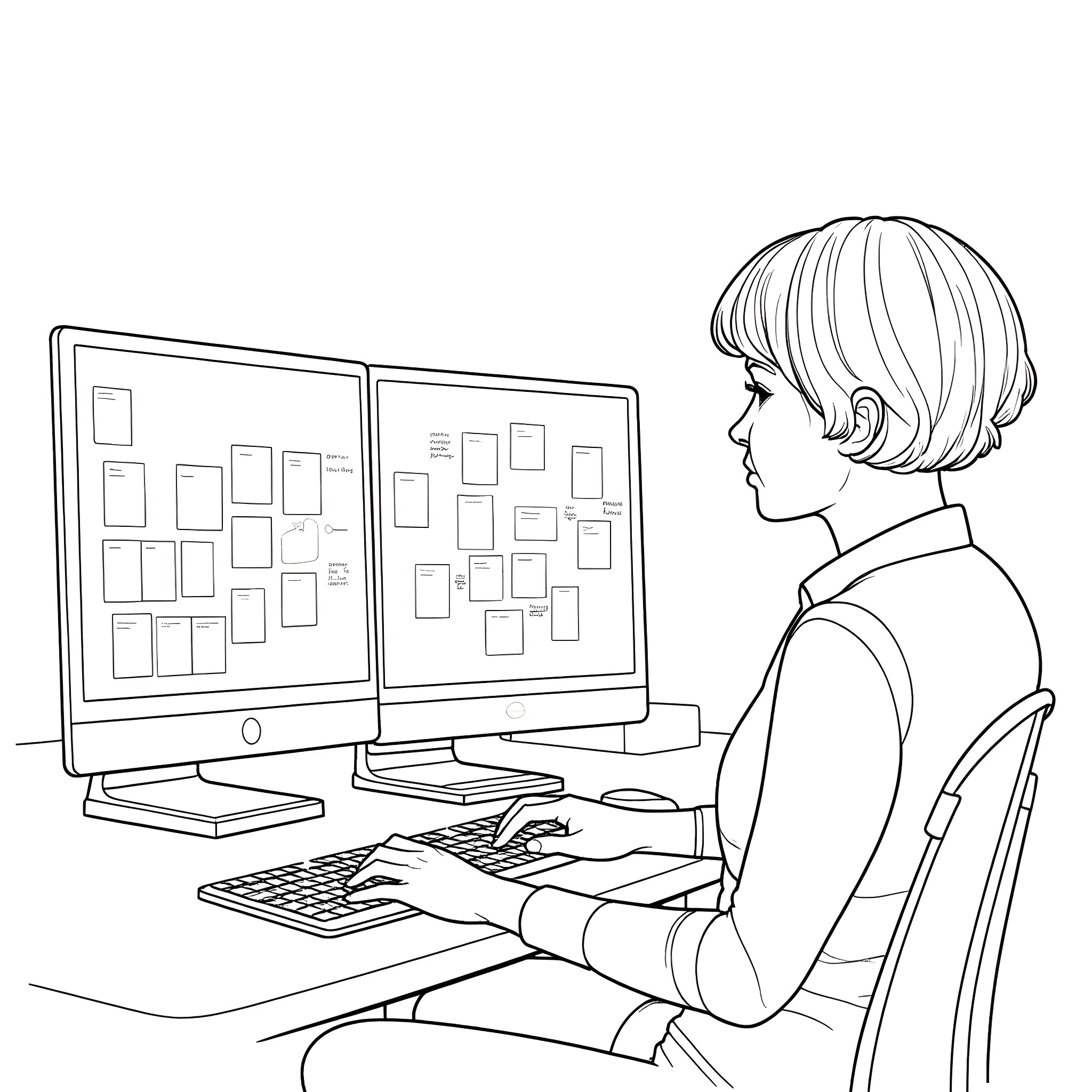 Clerical Worker Organizing Documents on Multiple Screens Coloring Page (free black-and-white line drawing printable PDF for all, from beginners to advanced learners, including children, teens, adults, and seniors)