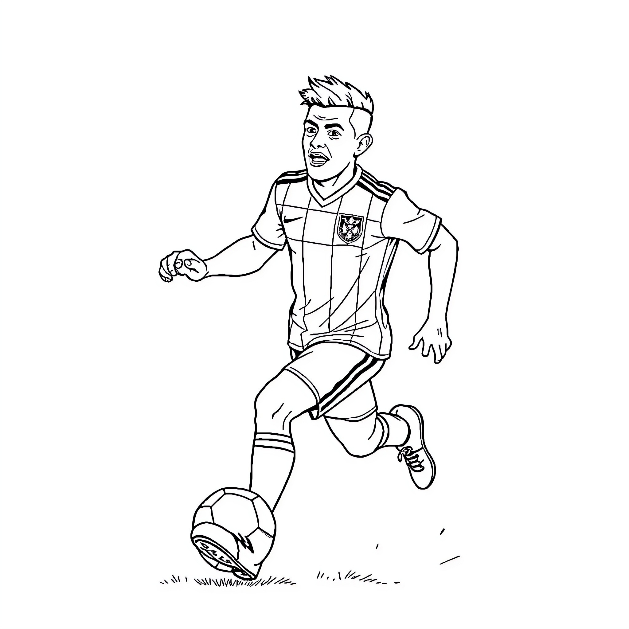 Vegueta player dribbling the soccer ball Coloring Page (free black-and-white line drawing printable PDF for all, from beginners to advanced learners, including children, teens, adults, and seniors)