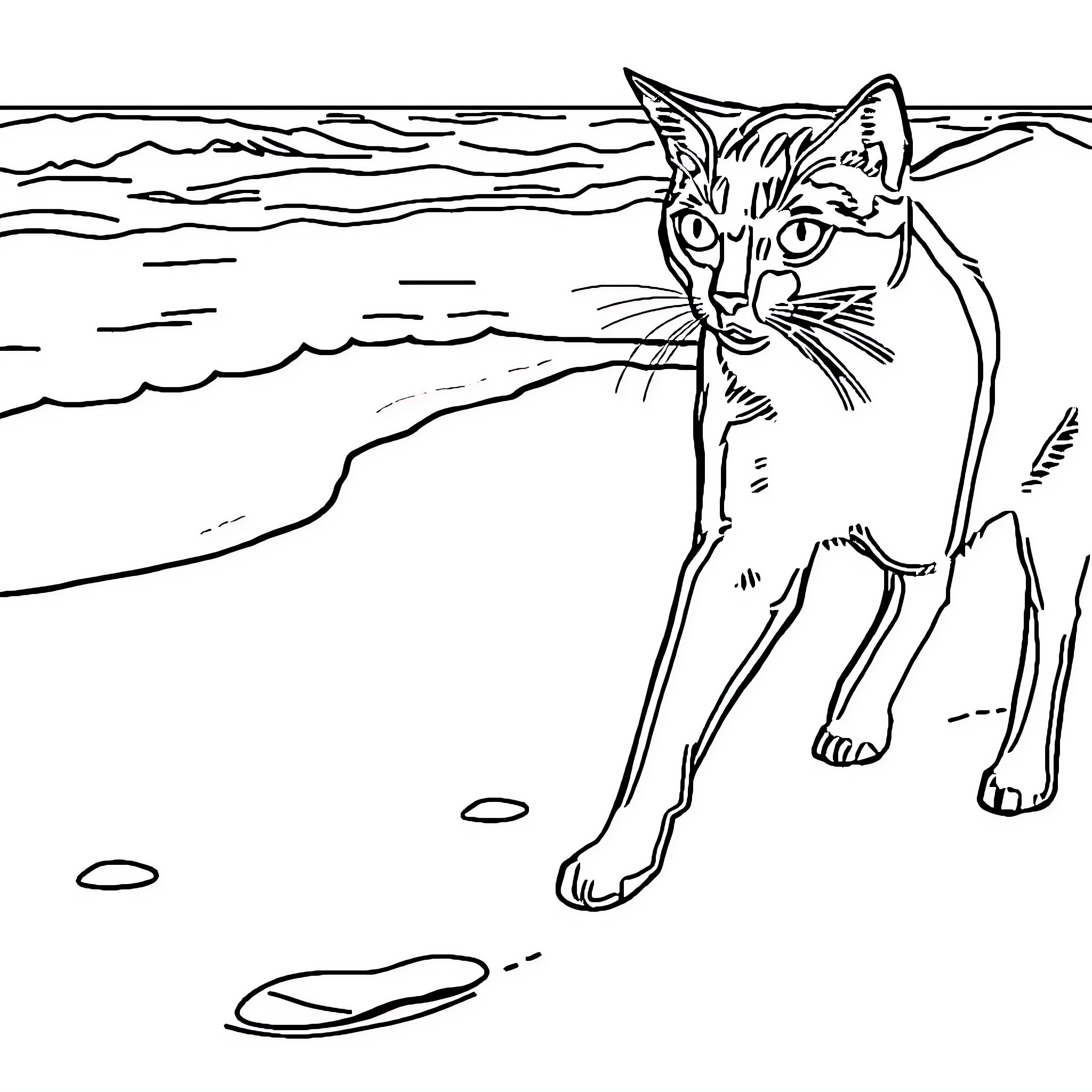 Cat exploring the beach Coloring Page (free black-and-white line drawing printable PDF for all, from beginners to advanced learners, including children, teens, adults, and seniors)