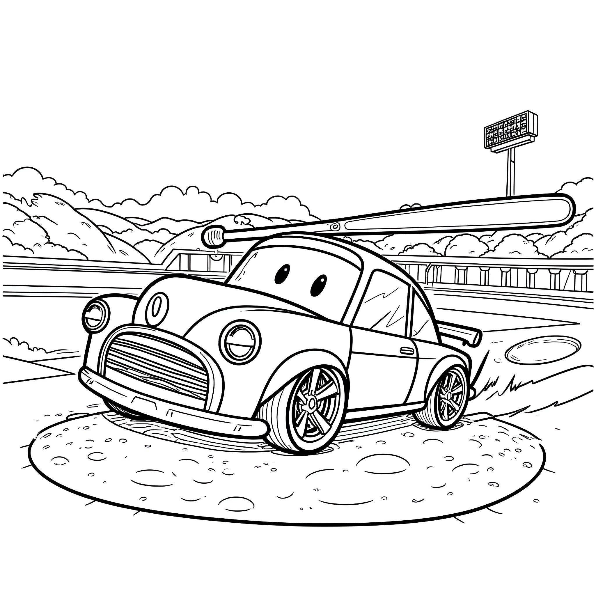 Hot Wheels Car in an Adventurous Landscape Coloring Page (free black-and-white line drawing printable PDF for all, from beginners to advanced learners, including children, teens, adults, and seniors)