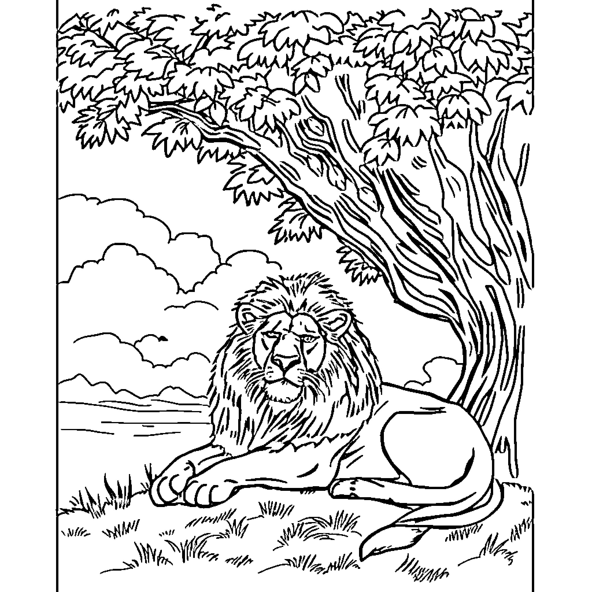 Lion resting peacefully in the lush forest Coloring Page (free black-and-white line drawing printable PDF for all, from beginners to advanced learners, including children, teens, adults, and seniors)