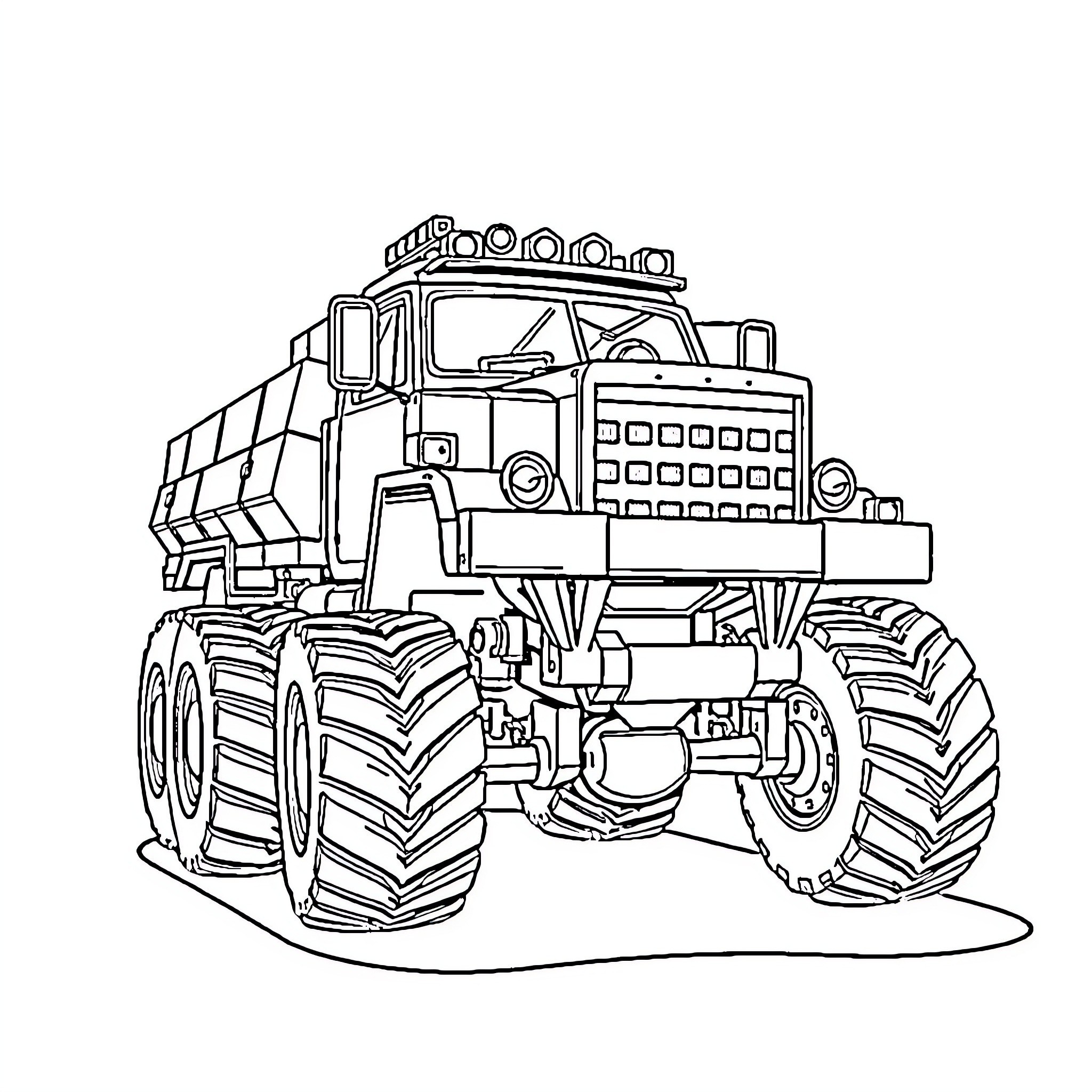 Truck with large wheels and accessories Coloring Page (free black-and-white line drawing printable PDF for all, from beginners to advanced learners, including children, teens, adults, and seniors)