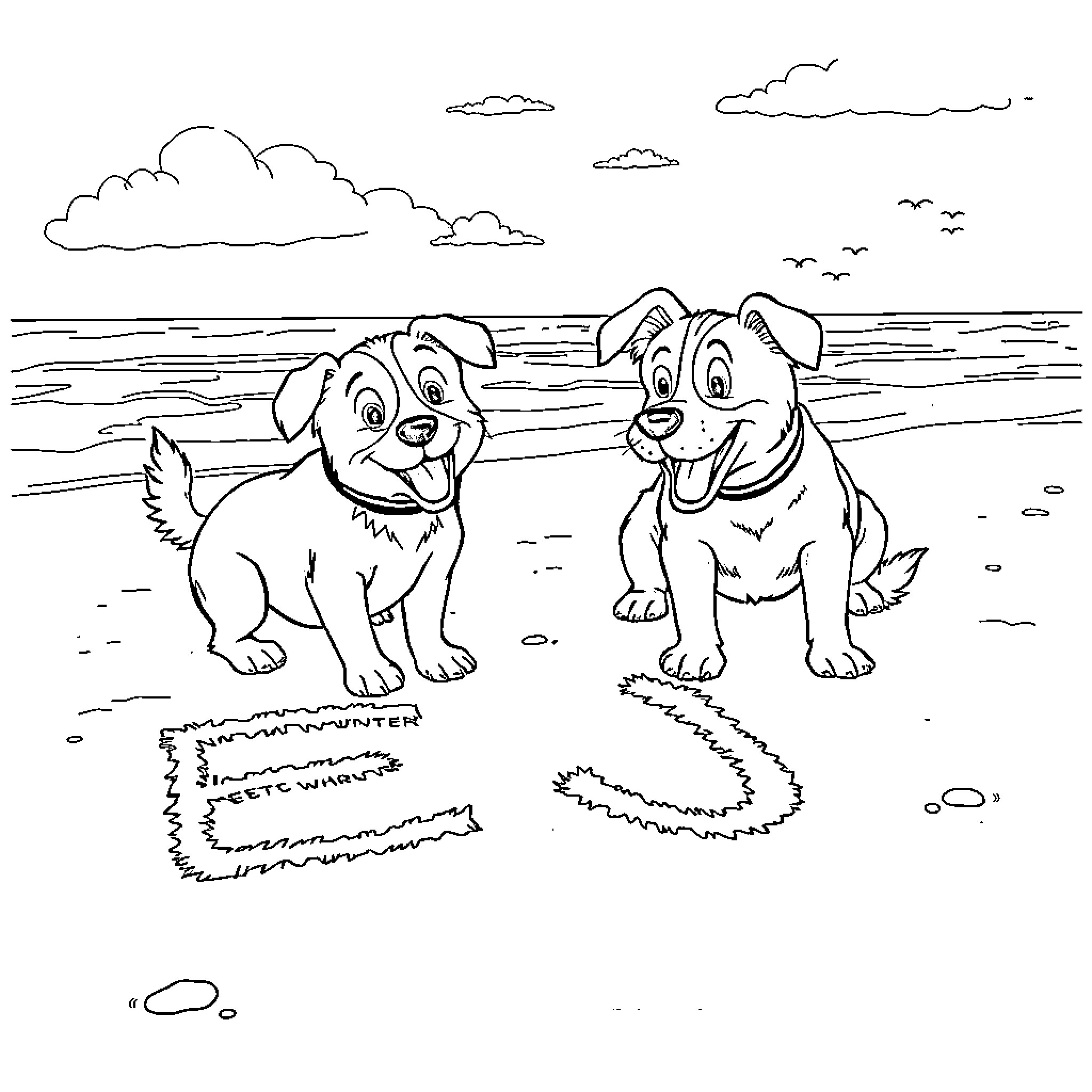 Dogs playing joyfully on the beach Coloring Page (free black-and-white line drawing printable PDF for all, from beginners to advanced learners, including children, teens, adults, and seniors)