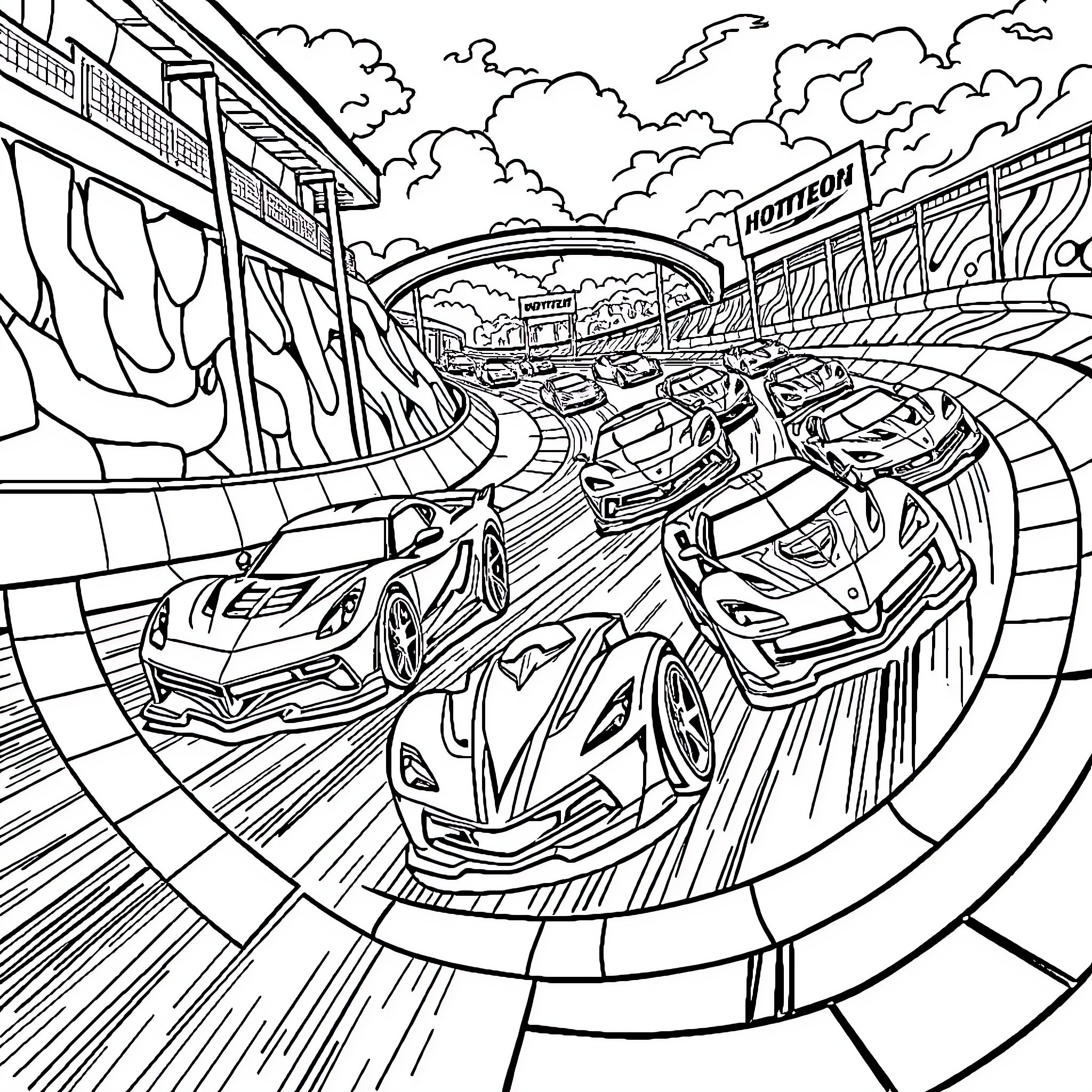 Hotwheels racing cars on a winding track Coloring Page (free black-and-white line drawing printable PDF for all, from beginners to advanced learners, including children, teens, adults, and seniors)