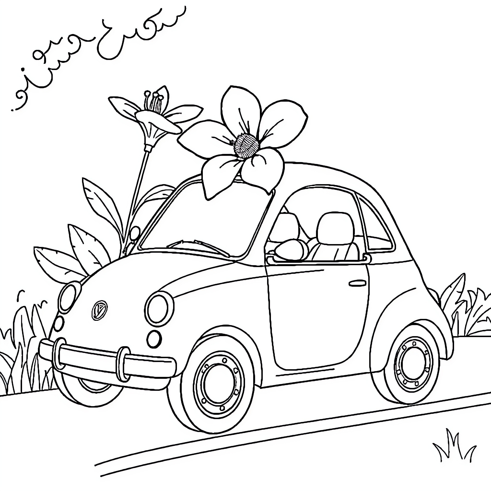 Flower car ride in the garden Coloring Page (free black-and-white line drawing printable PDF for all, from beginners to advanced learners, including children, teens, adults, and seniors)