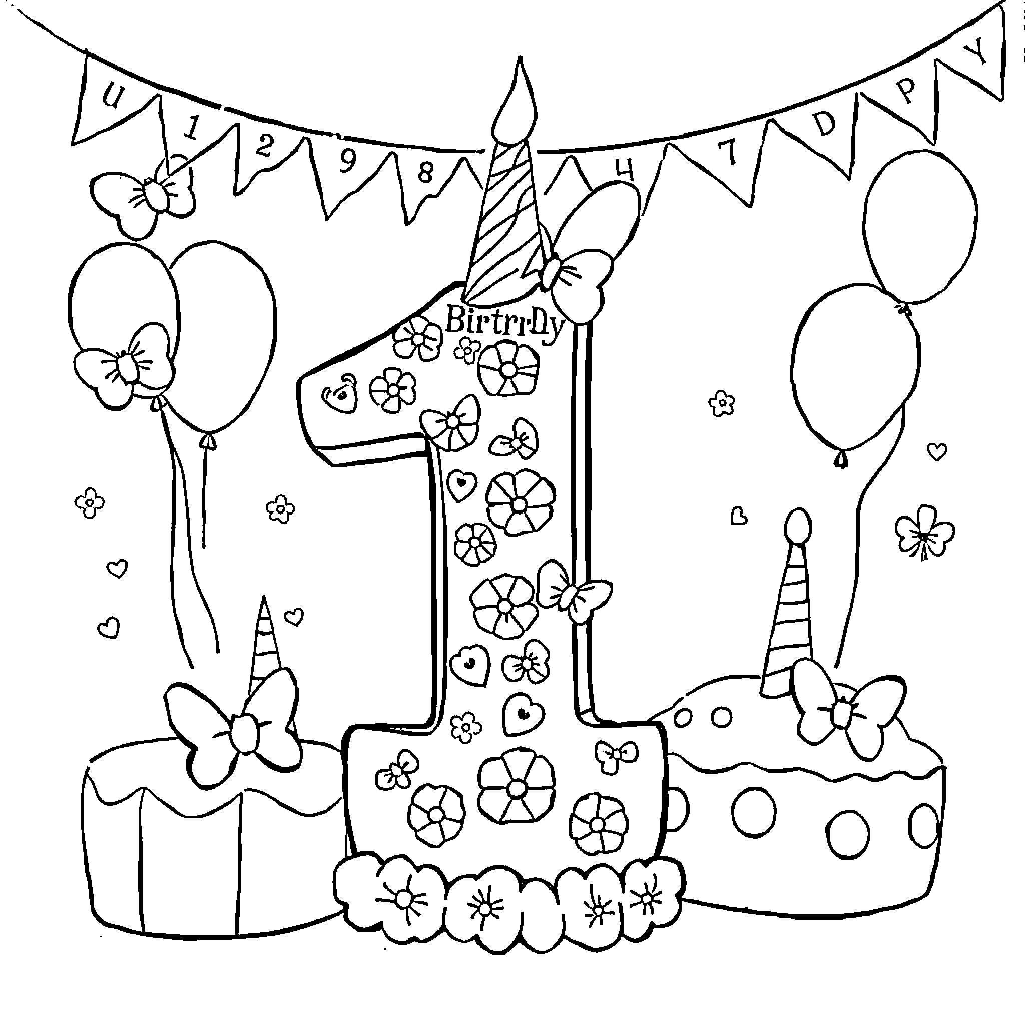 Mini Mouse celebrating 1st birthday with balloons and cake Coloring Page (free black-and-white line drawing printable PDF for all, from beginners to advanced learners, including children, teens, adults, and seniors)