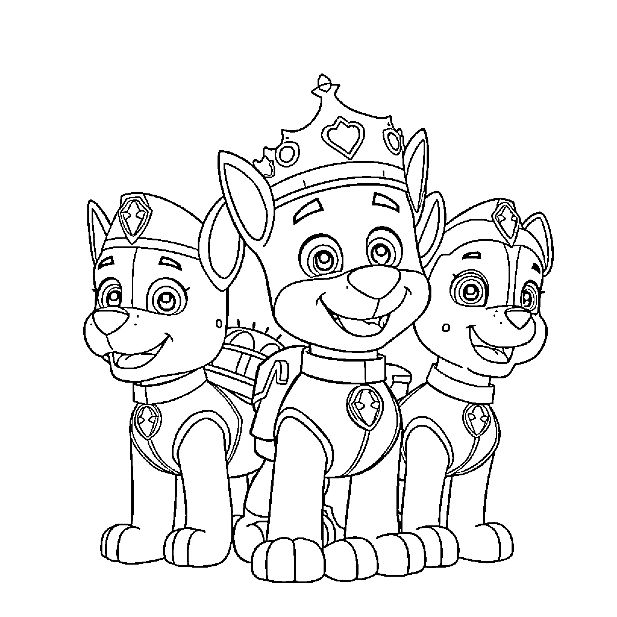 King Pups in Royal Costumes Coloring Page (free black-and-white line drawing printable PDF for all, from beginners to advanced learners, including children, teens, adults, and seniors)