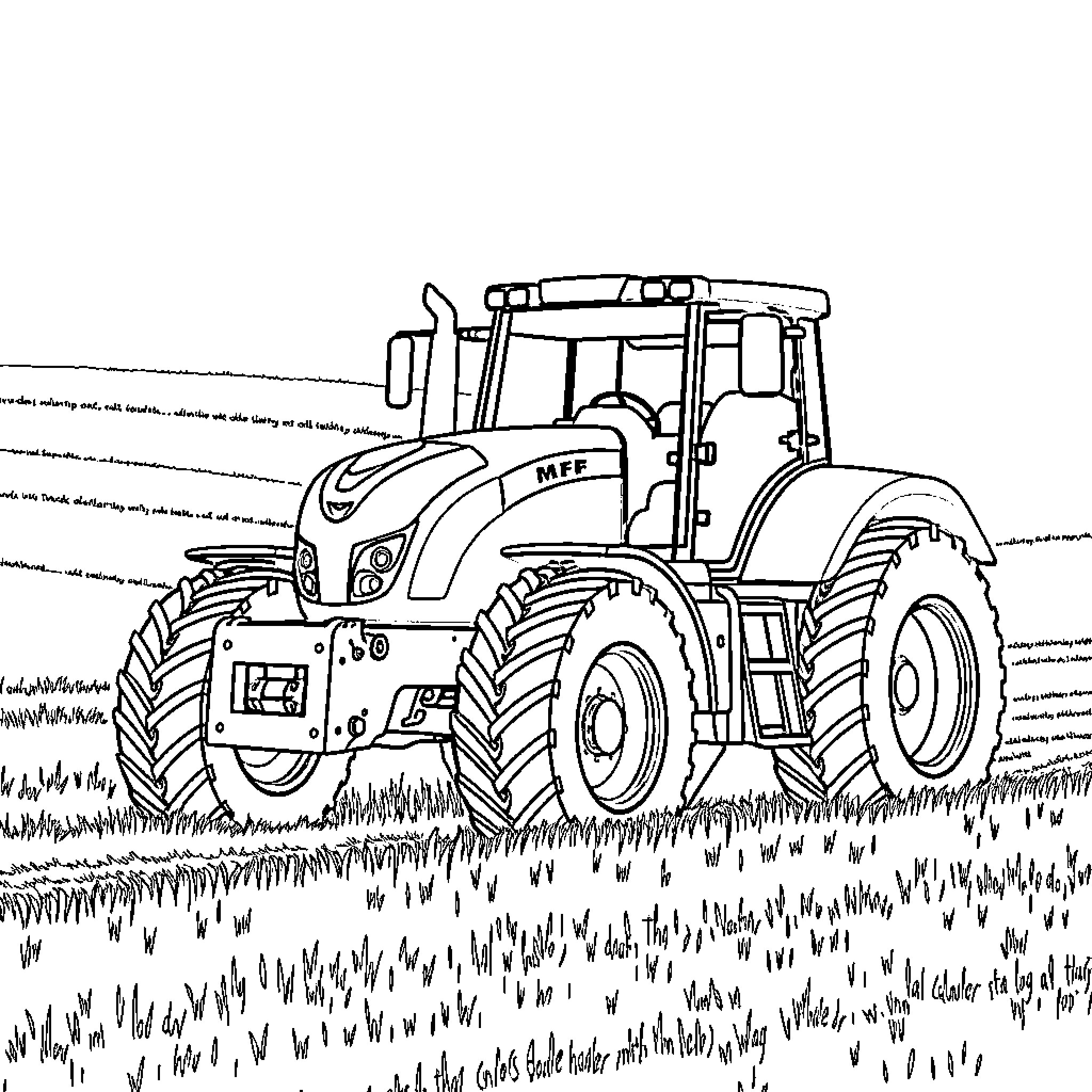 Tractor plowing through grassy field Coloring Page (free black-and-white line drawing printable PDF for all, from beginners to advanced learners, including children, teens, adults, and seniors)