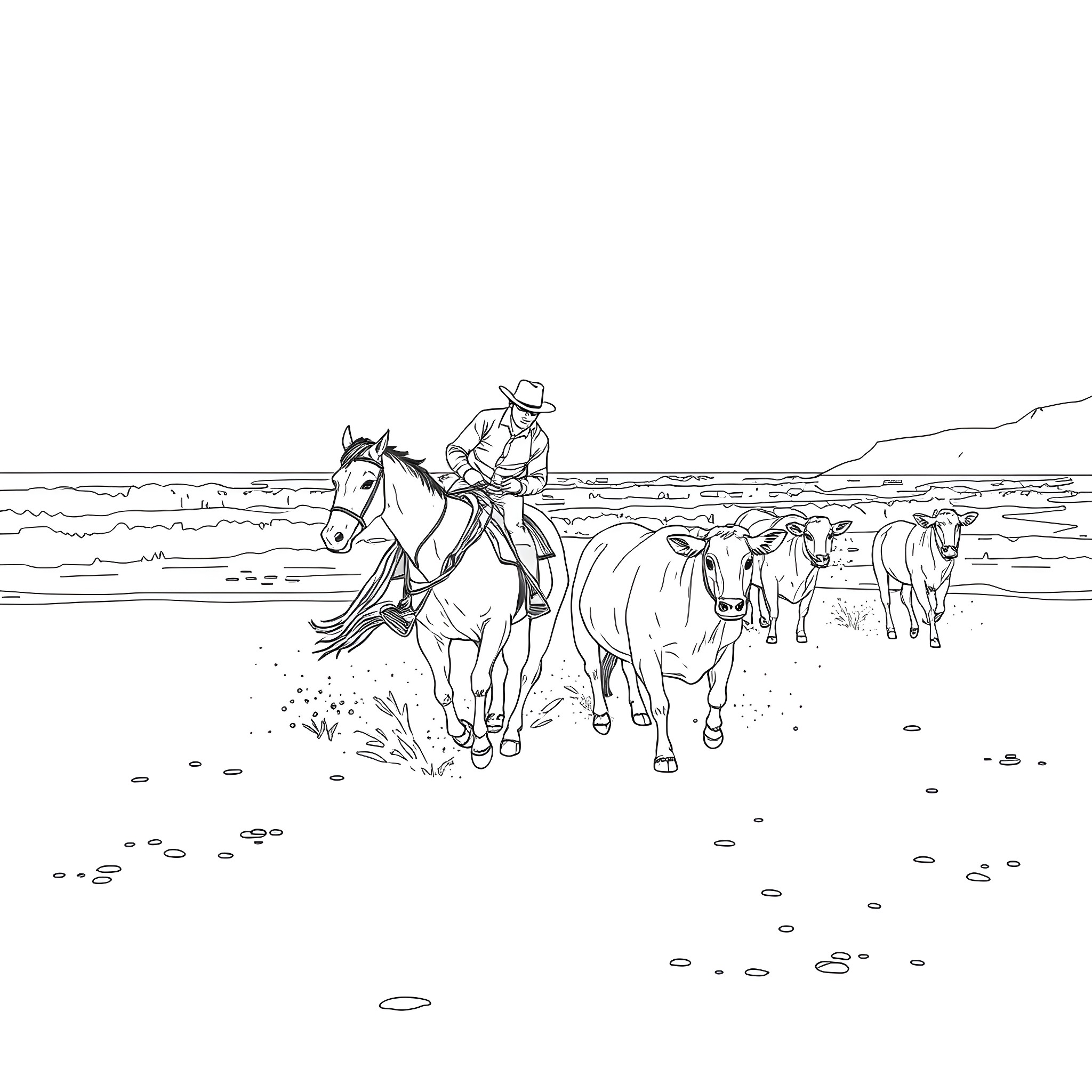 Cutting Horse Riding Among Cattle in the Field Coloring Page (free black-and-white line drawing printable PDF for all, from beginners to advanced learners, including children, teens, adults, and seniors)