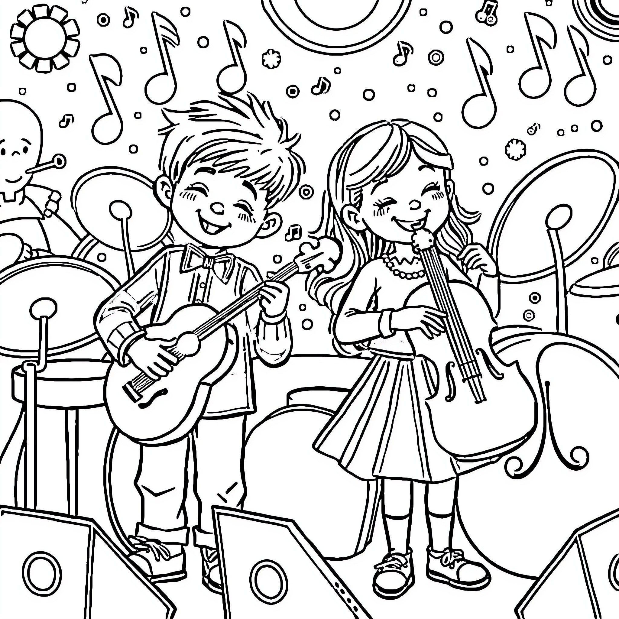 Child musicians performing on stage with music notes Coloring Page (free black-and-white line drawing printable PDF for all, from beginners to advanced learners, including children, teens, adults, and seniors)