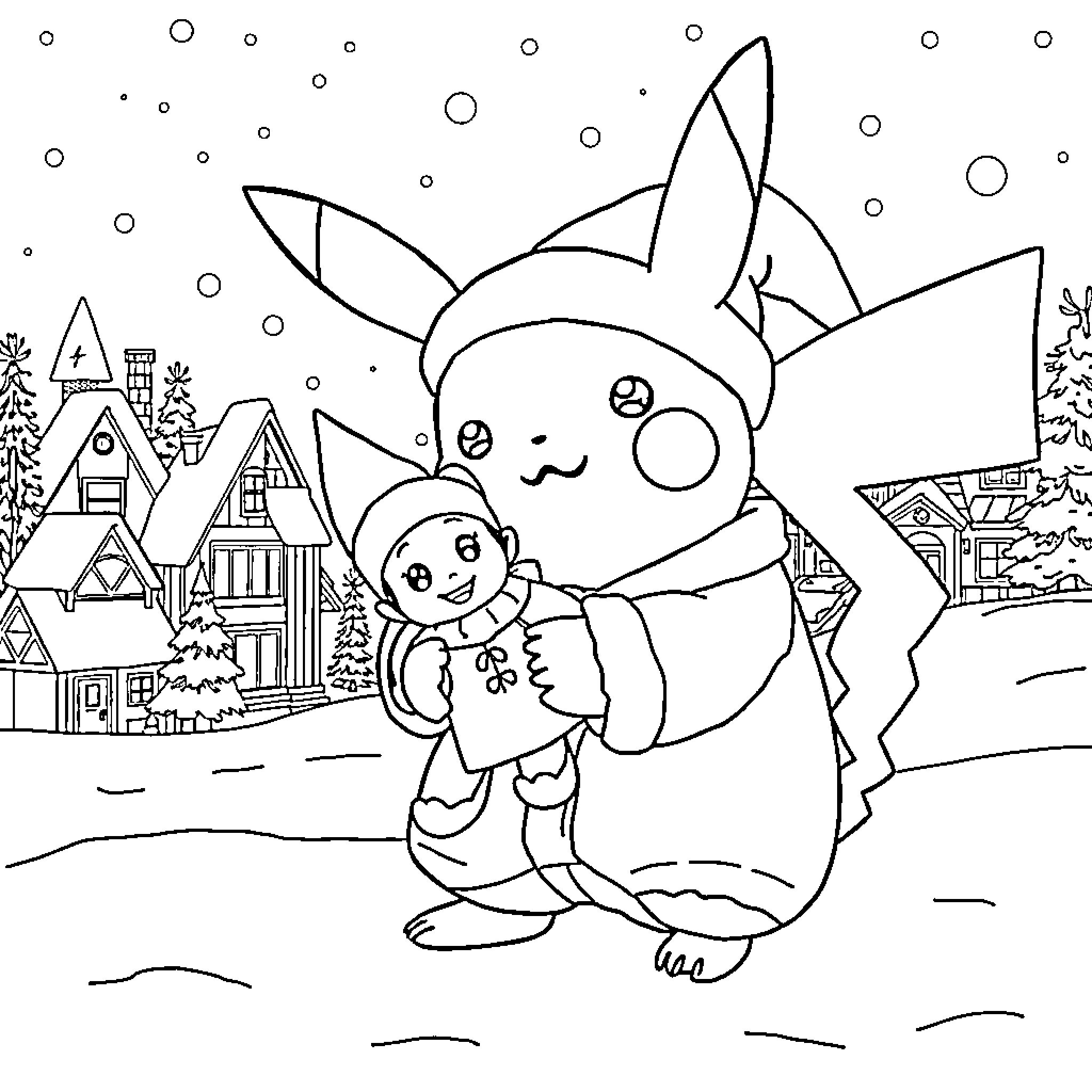 Pikachu and Snowmon playing in the winter wonderland Coloring Page (free black-and-white line drawing printable PDF for all, from beginners to advanced learners, including children, teens, adults, and seniors)