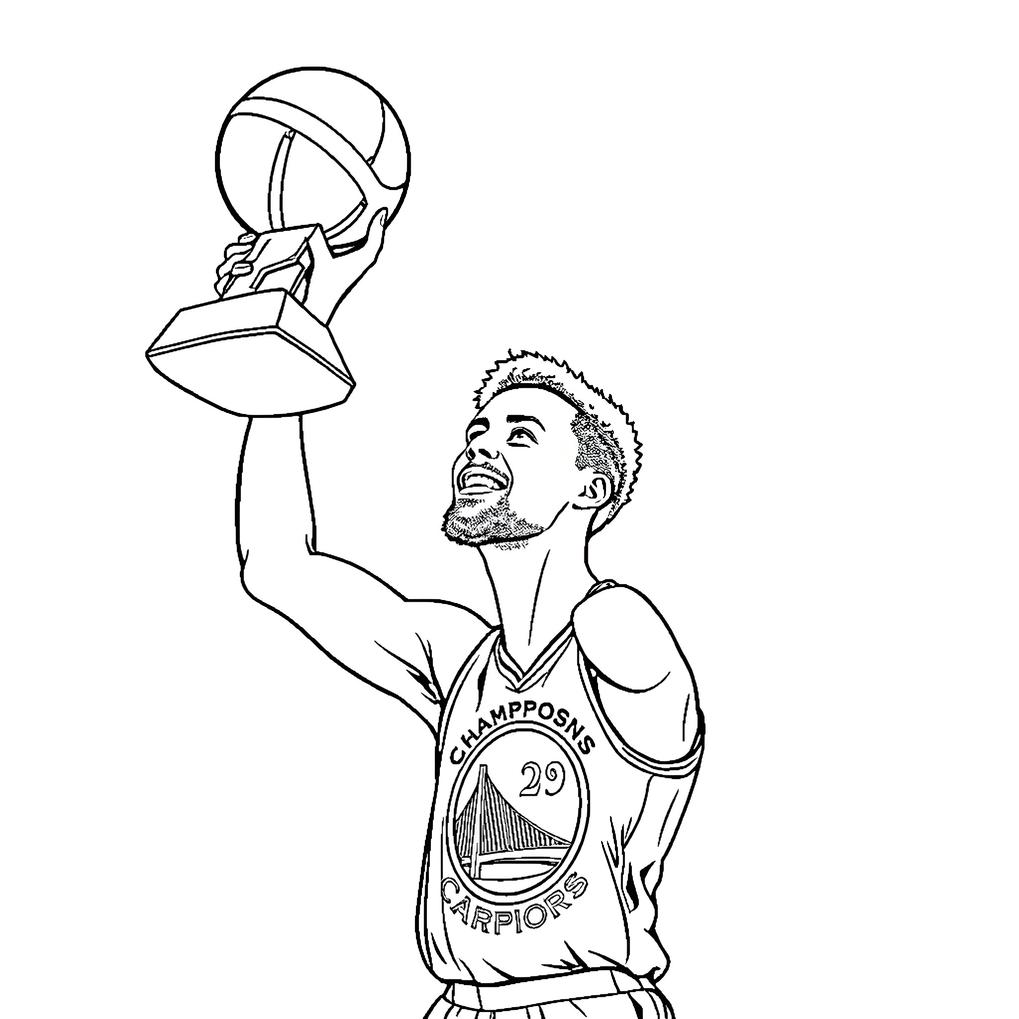 Stephen Curry Celebrating Championship Trophy Victory Coloring Page (free black-and-white line drawing printable PDF for all, from beginners to advanced learners, including children, teens, adults, and seniors)