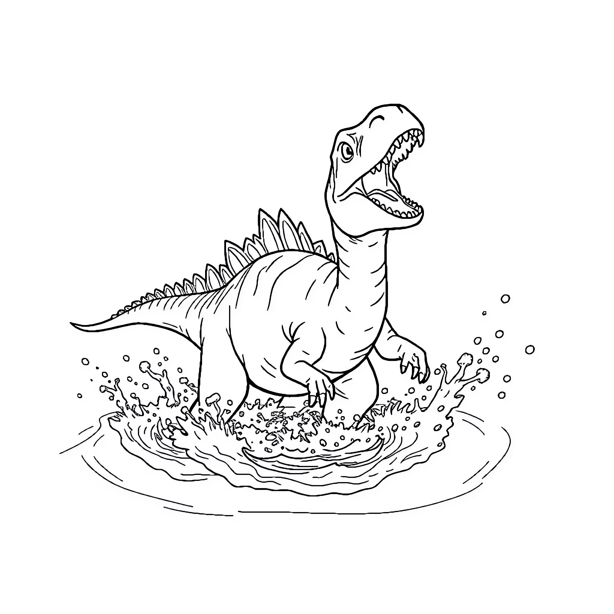 Spinosaurus splashing in the water Coloring Page (free black-and-white line drawing printable PDF for all, from beginners to advanced learners, including children, teens, adults, and seniors)