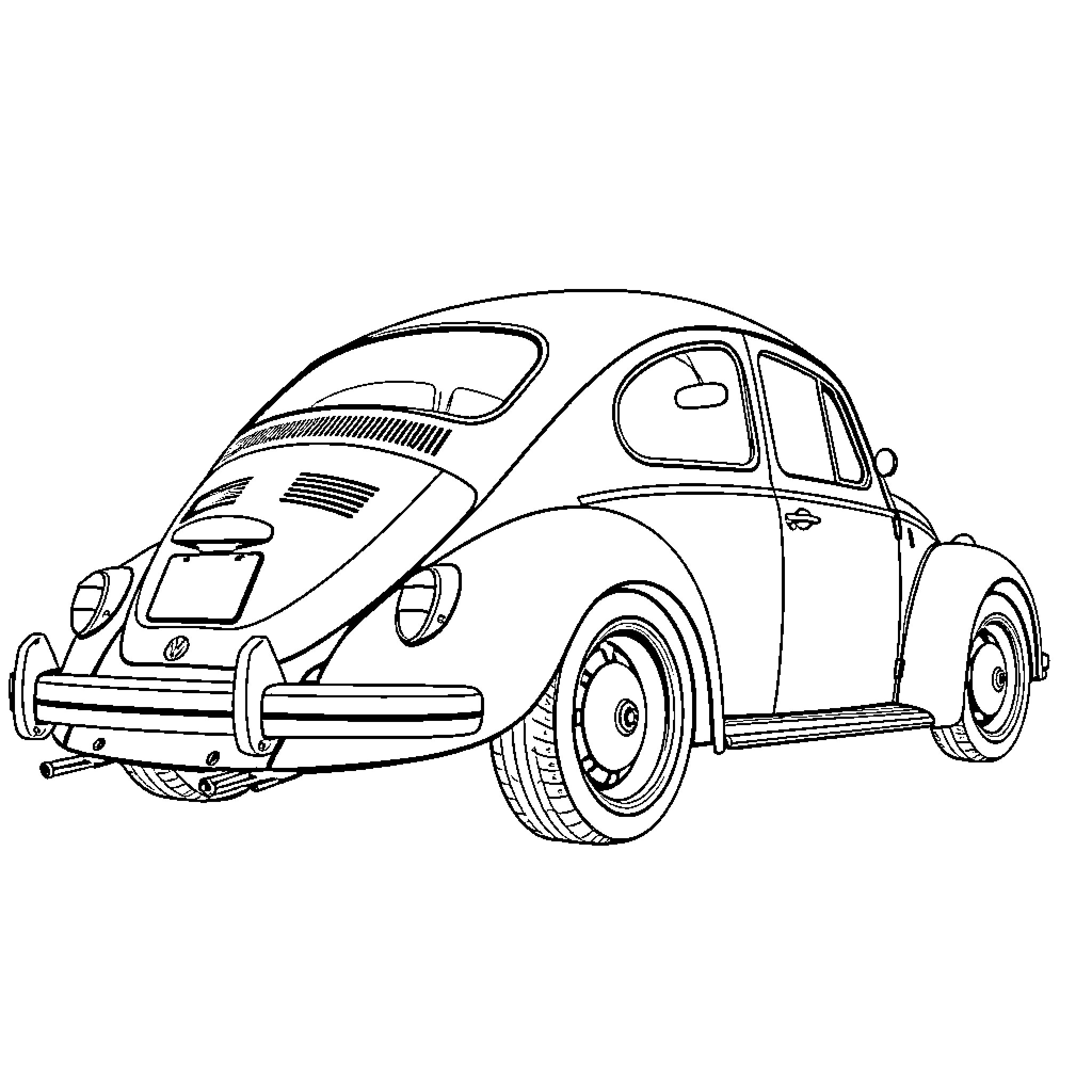 VW Beetle depicted in line art illustration Coloring Page (free black-and-white line drawing printable PDF for all, from beginners to advanced learners, including children, teens, adults, and seniors)