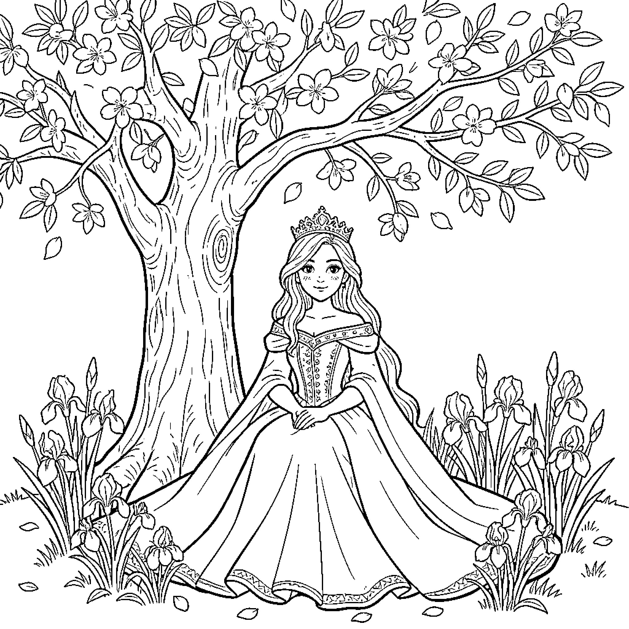 Princess sitting elegantly under a blooming tree Coloring Page (free black-and-white line drawing printable PDF for all, from beginners to advanced learners, including children, teens, adults, and seniors)