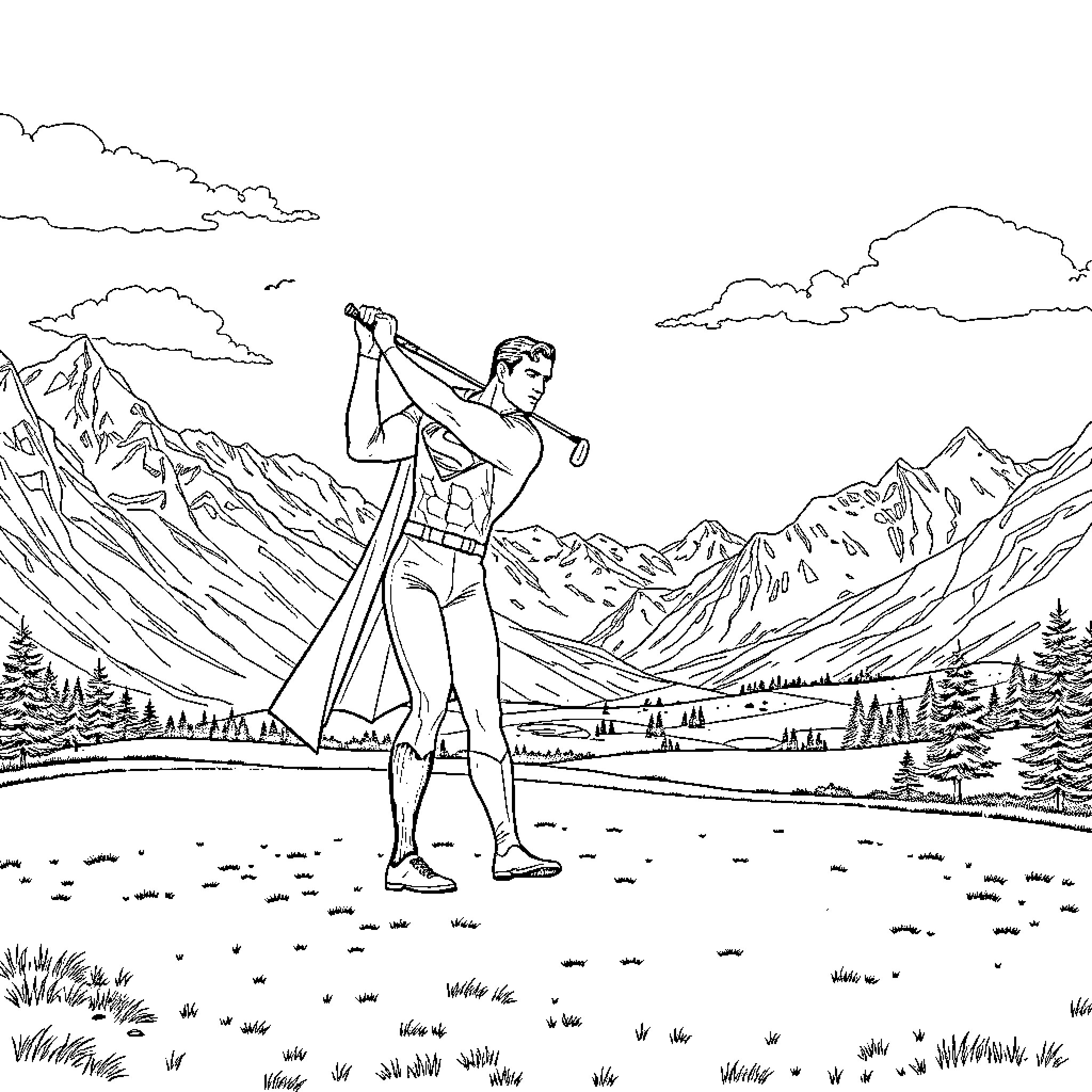 Superman soaring over the majestic mountains Coloring Page (free black-and-white line drawing printable PDF for all, from beginners to advanced learners, including children, teens, adults, and seniors)