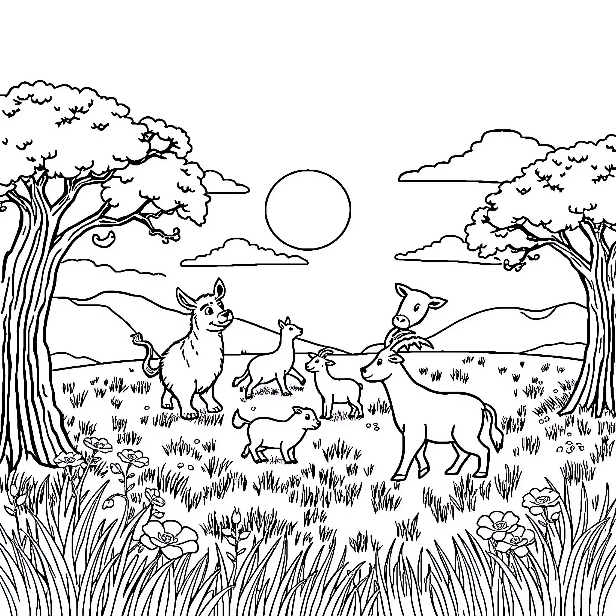 Animal family exploring scenic forest landscape Coloring Page (free black-and-white line drawing printable PDF for all, from beginners to advanced learners, including children, teens, adults, and seniors)