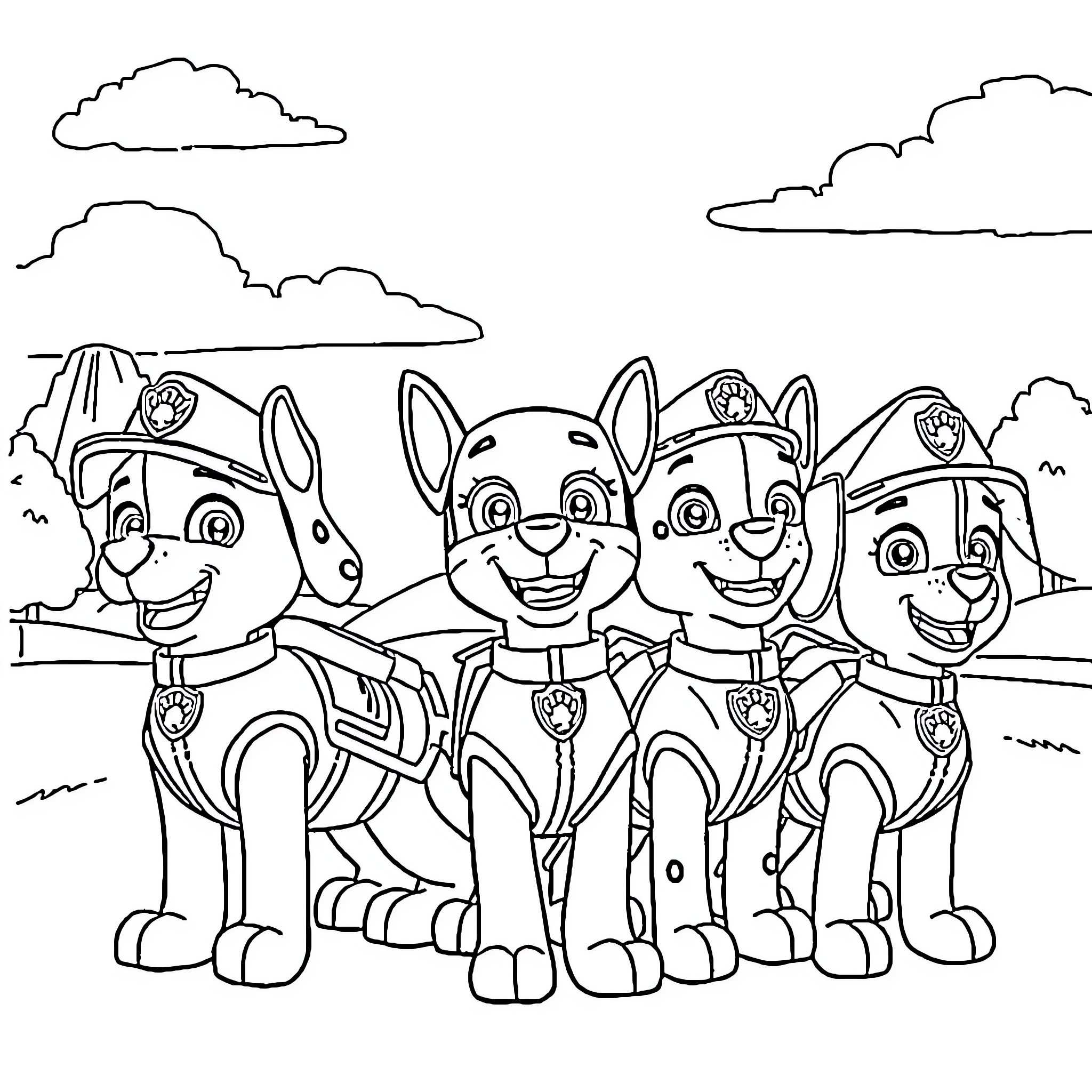 Paw Patrol ready for action Coloring Page (free black-and-white line drawing printable PDF for all, from beginners to advanced learners, including children, teens, adults, and seniors)