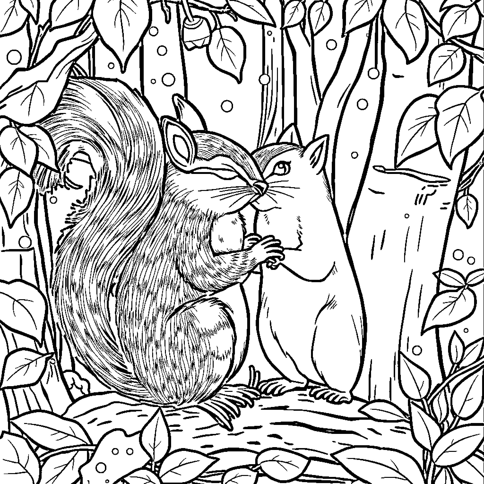 Squirrel playing in the enchanted forest Coloring Page (free black-and-white line drawing printable PDF for all, from beginners to advanced learners, including children, teens, adults, and seniors)